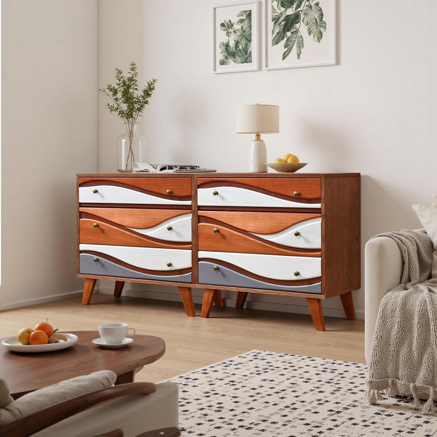 3-Drawer Dresser with Sculpted Wave Fronts, Tri-Color Drawer Design, Modern Chest of Drawers Storage Cabinet for Bedroom, Living Room, Hallway, or Office