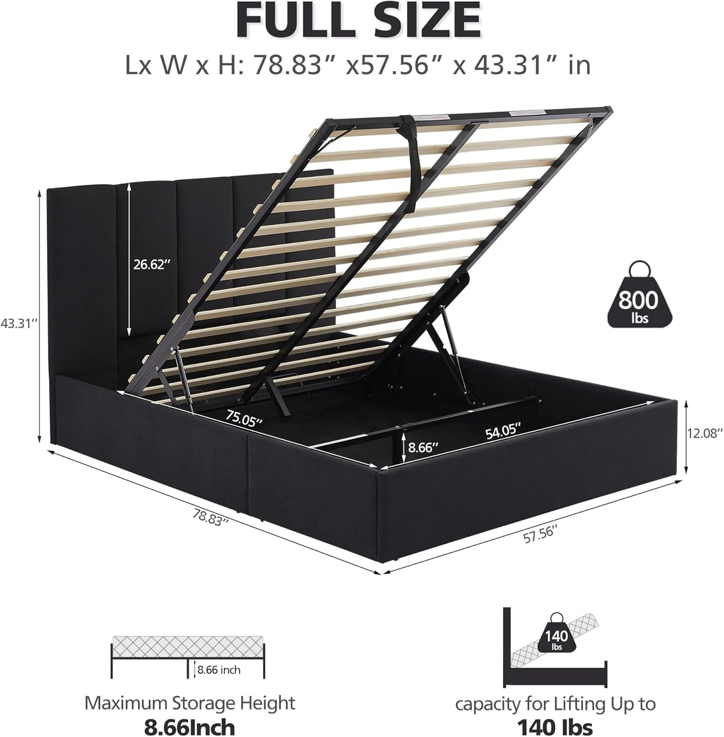 VELOCAVA Full Size Hydraulic Lift Storage Bed Frame, Black Linen-Look Upholstered Platform Bed with Vertical Panel Headboard, Hidden Under-Bed Storage, No Box Spring Needed