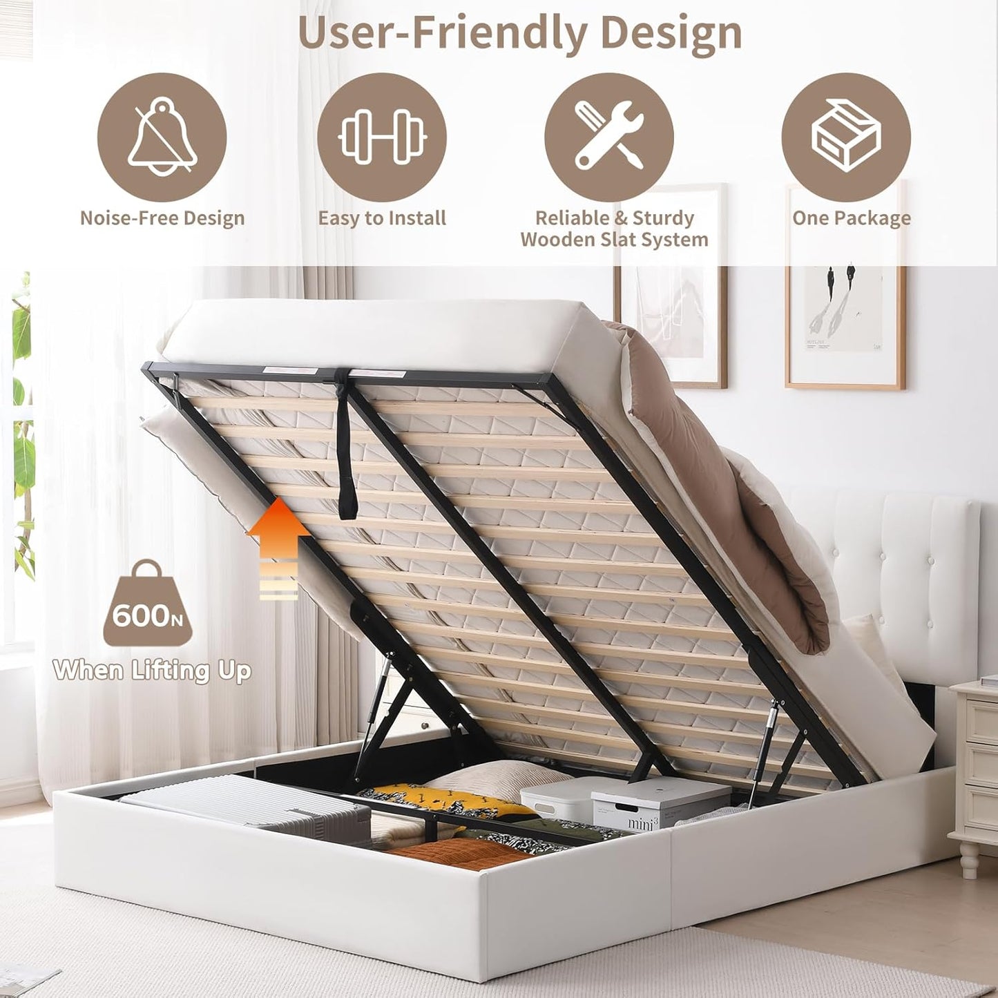 VELOCAVA White Lift-Up Storage Bed, Linen-Textured Upholstered Platform Frame with Hydraulic Under-Bed Storage, Button-Tufted Headboard, Sturdy Wooden Slats, No Box Spring Needed