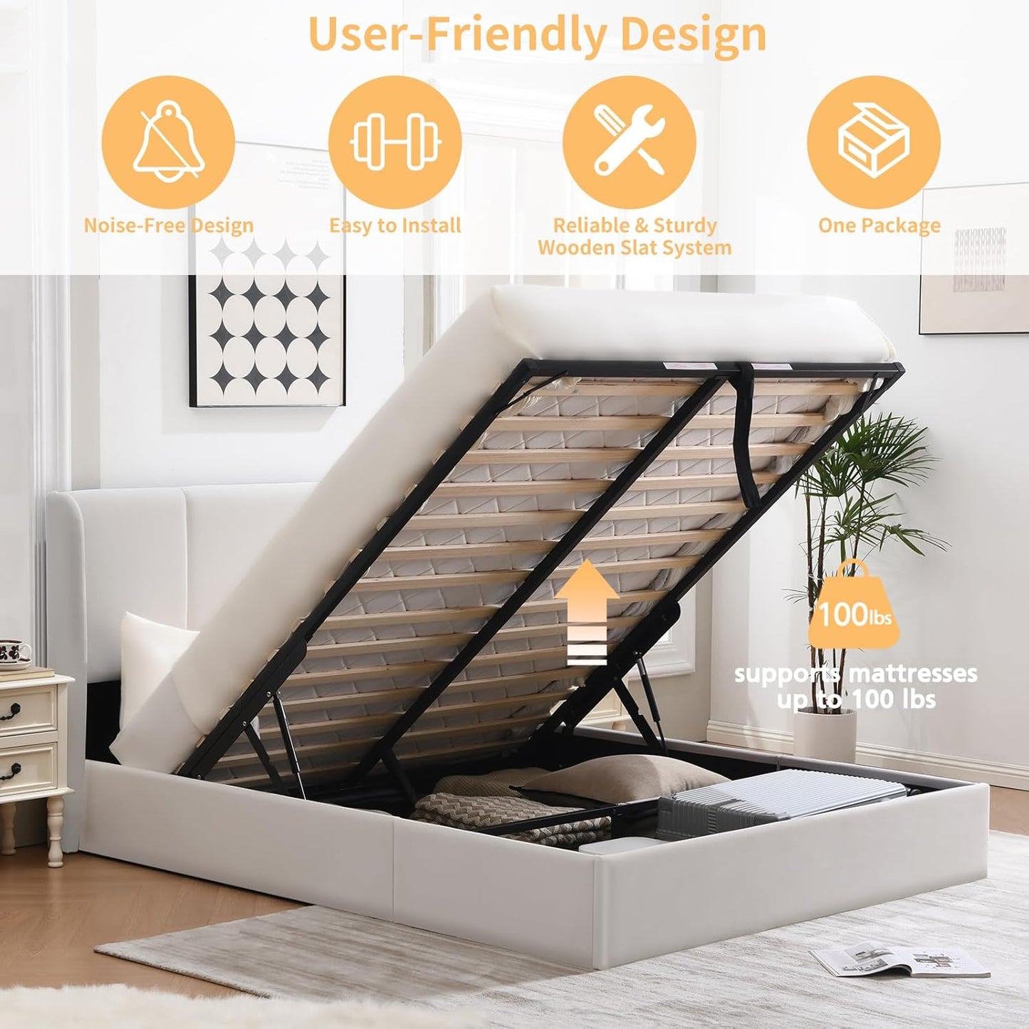 VELOCAVA Lift Up Storage Bed Frame, Velvet-Look Upholstered Bed with Modern Wingback Headboard, Gas Lift Storage, Space Saving Design, No Box Spring Needed, White