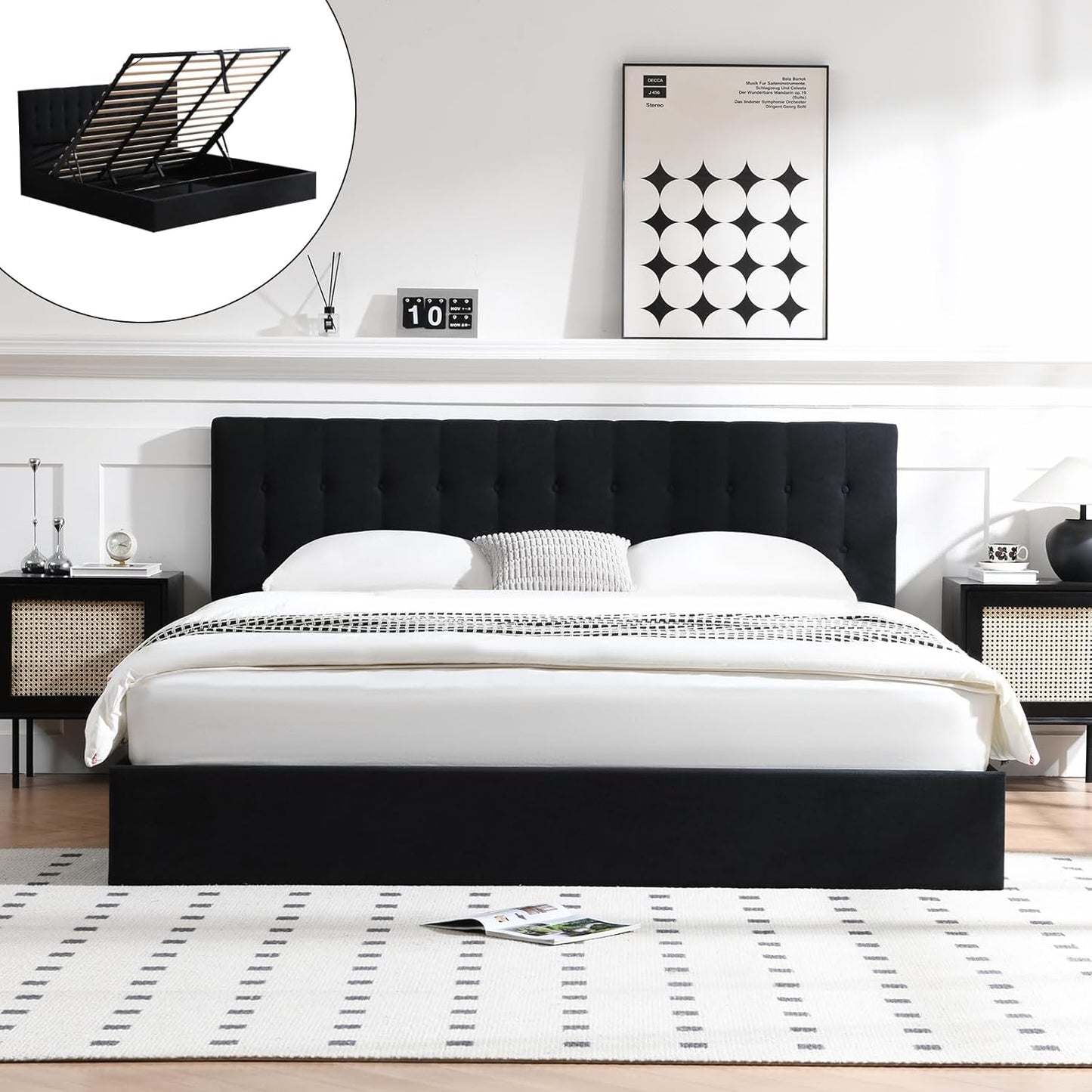 VELOCAVA Lift-Up Storage Bed, Black Linen-Textured Upholstered Platform Frame with Hydraulic Under-Bed Storage, Button-Tufted Headboard, Sturdy Wooden Slats, No Box Spring Needed
