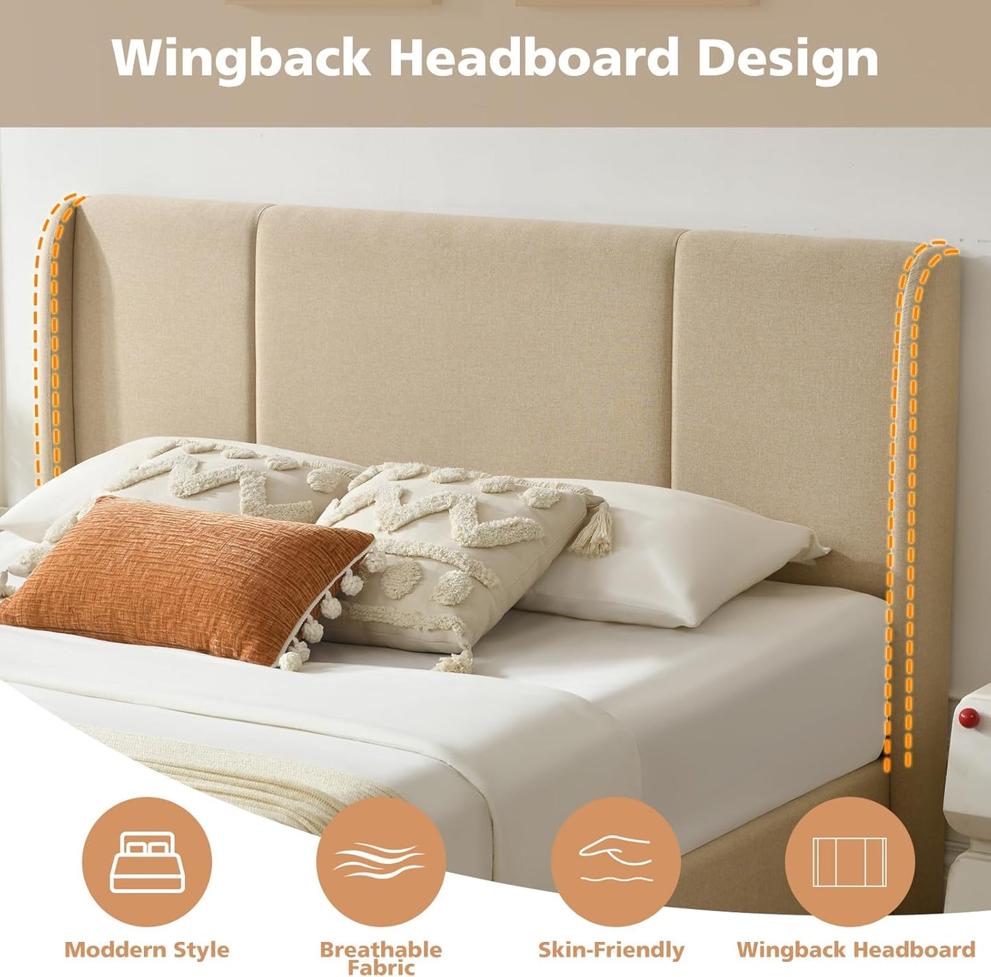 VELOCAVA Lift Up Storage Bed Frame, Linen-Look Upholstered Bed with Modern Wingback Headboard, Gas Lift Mechanism, Space Saving Design, No Box Spring Needed, Beige