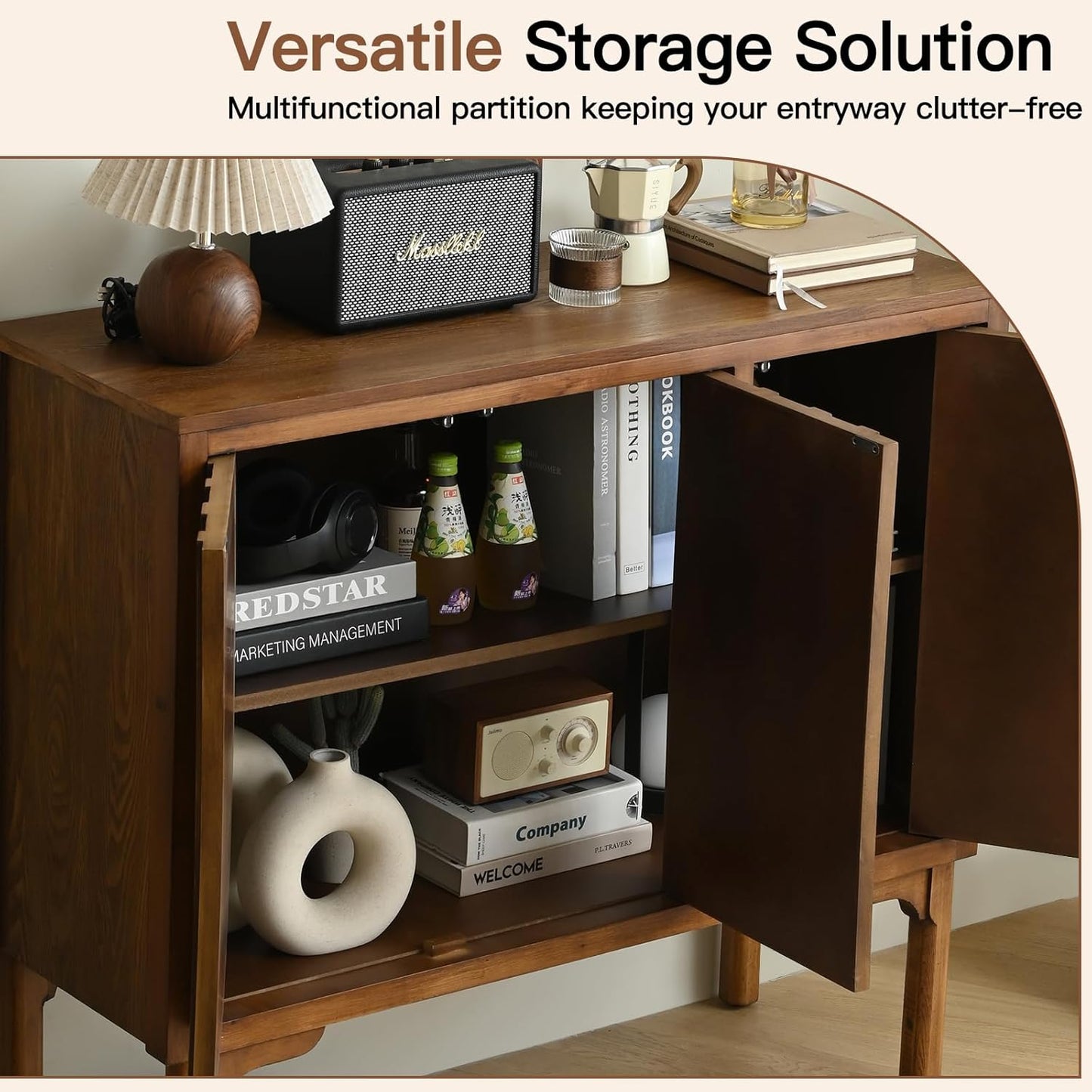 Ahokua Mid-Century Modern Sideboard with Wave Doors, 3-Door Push-to-Open Storage Cabinet, Walnut Accent Buffet with Adjustable Shelves for Dining Room, Entryway, or Living Room