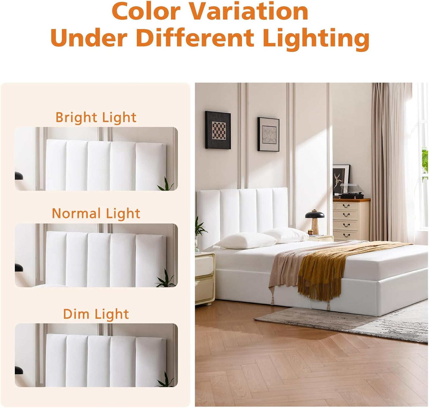 VELOCAVA Hydraulic Lift Storage Bed Frame, White Linen-Look Upholstered Platform Bed with Vertical Panel Headboard, Hidden Under-Bed Storage, No Box Spring Needed