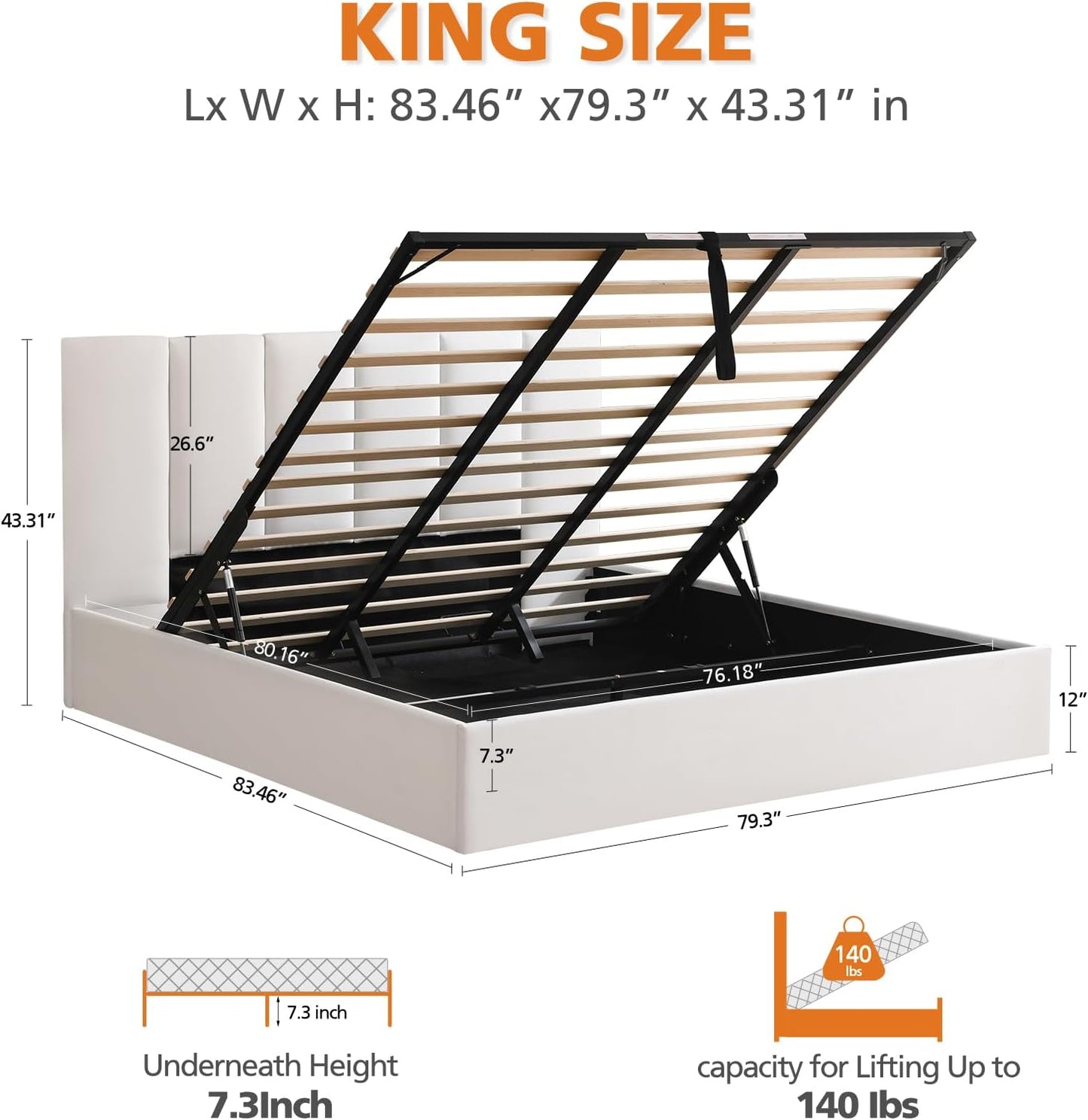 VELOCAVA Hydraulic Lift Storage Bed Frame, White Linen-Look Upholstered Platform Bed with Vertical Panel Headboard, Hidden Under-Bed Storage, No Box Spring Needed