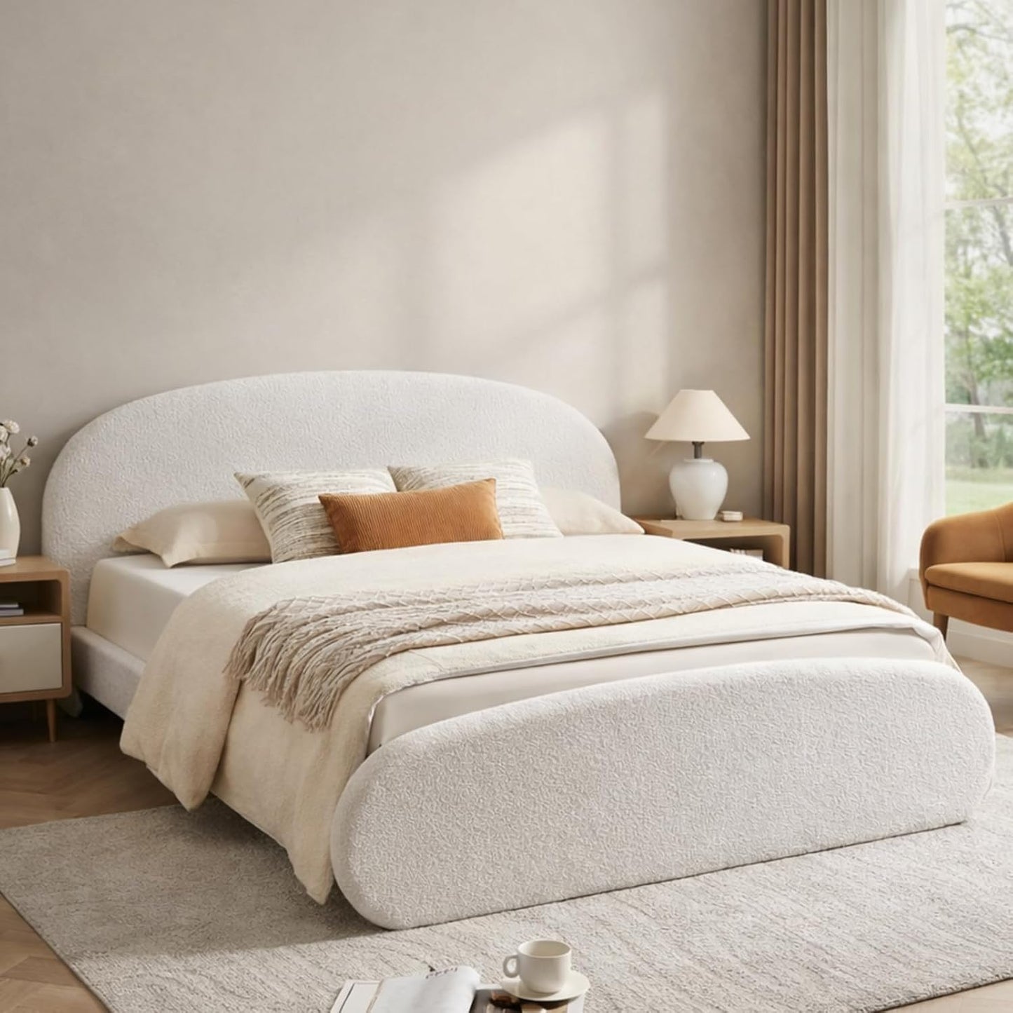 VELOCAVA Upholstered Platform Bed Frame, Curved Silhouette Headboard &amp; Footboard, Bouclé Texture, Removable Headboard Cover, 11 Plywood Slats, No Box Spring Needed, Cream White