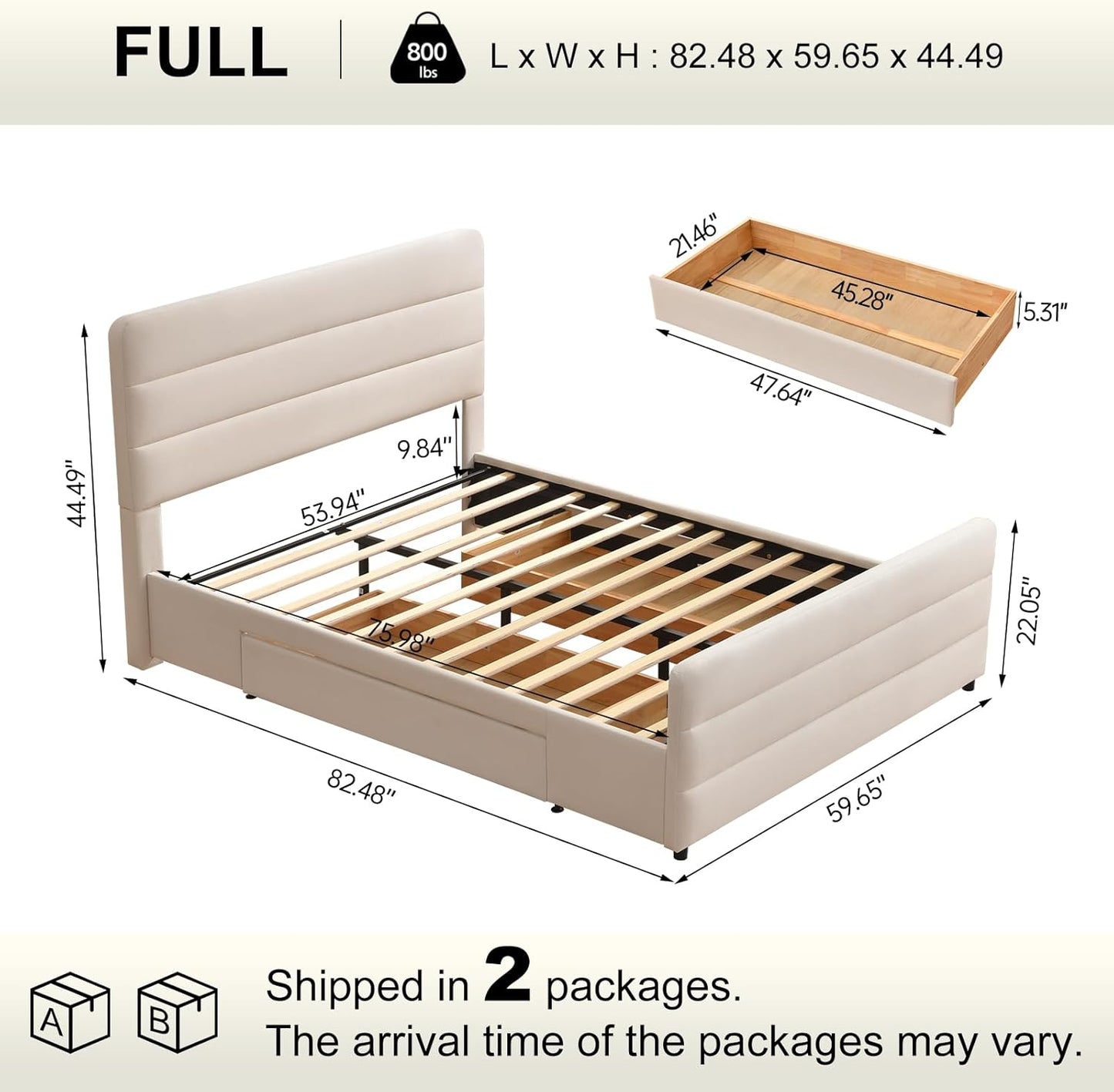 VELOCAVA Upholstered Platform Bed with Tall Headboard and Footboard, 2 Side Storage Drawers, Modern Beige Fabric Bed Frame, No Box Spring Needed, Slatted Base Support, Easy Assembly