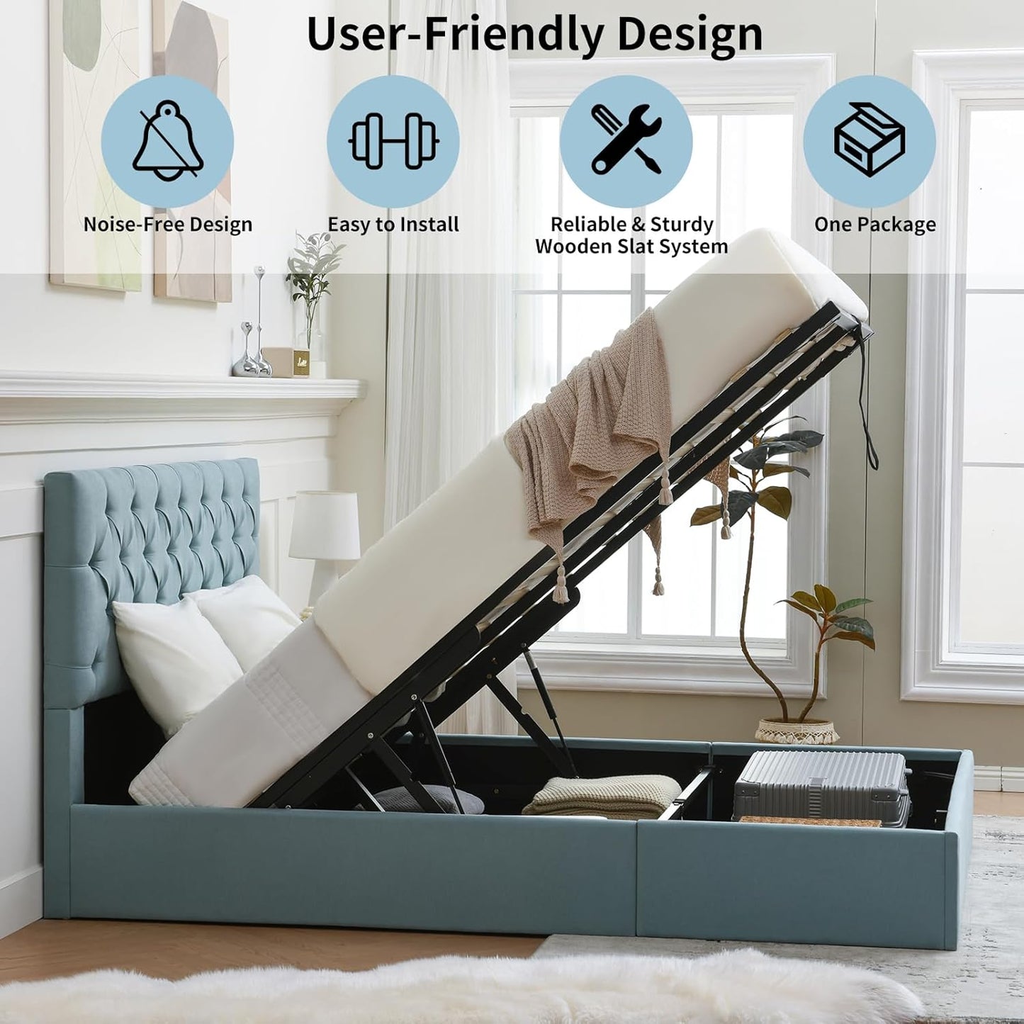 VELOCAVA Lift-Up Storage Bed, Dusty Blue Linen-Textured Upholstered Platform Frame with Button-Tufted Headboard, Modern Space-Saving Design, No Box Spring Required, Easy Assembly