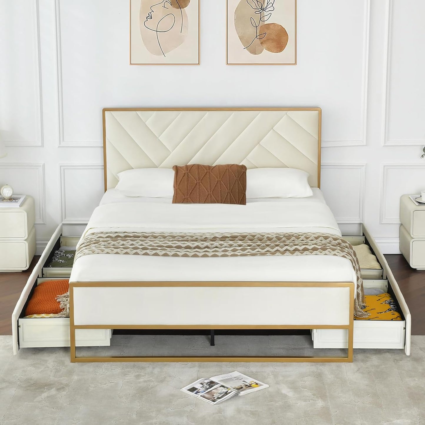 VELOCAVA Metal Upholstered Bed with 4 Storage Drawers, Velvet Platform Storage Bedframe with Headboard, Wooden Slats Support, No Box Spring Needed, Cream