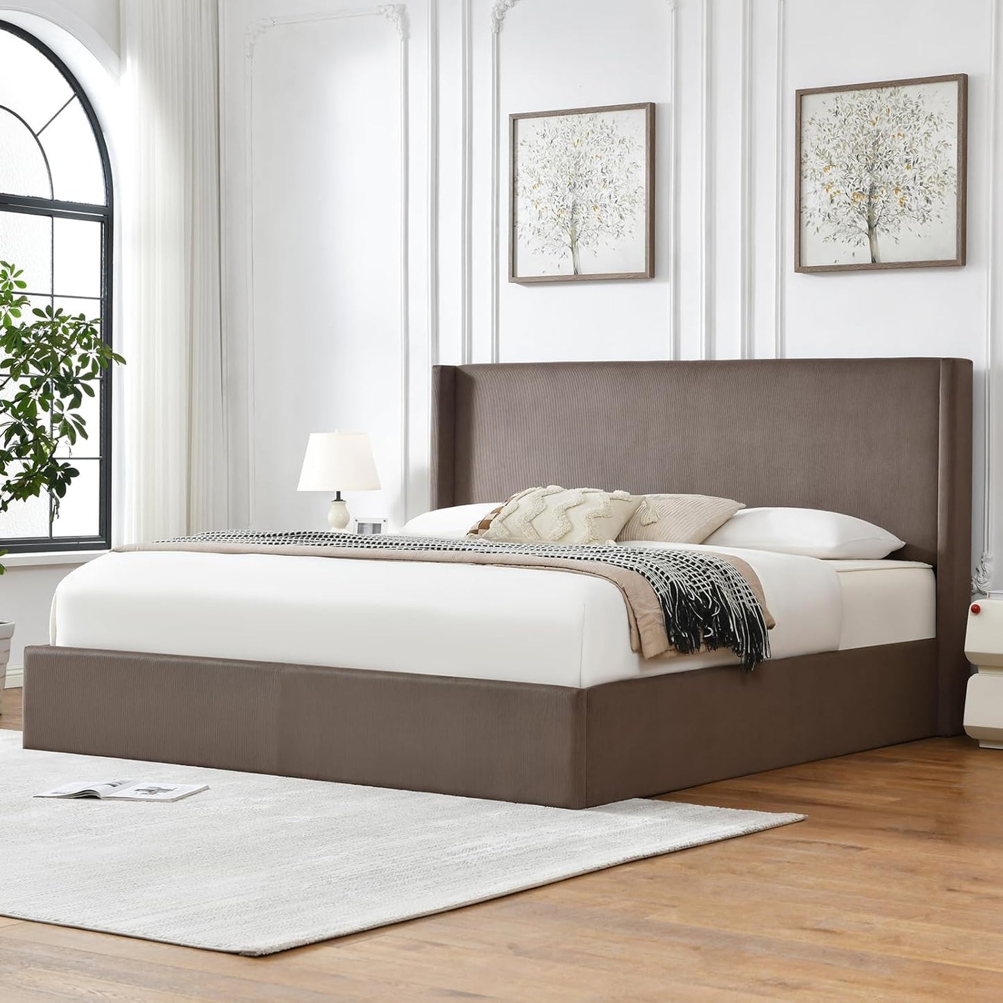 VELOCAVA Lift-Up Storage Bed with Wingback Headboard, Modern Upholstered Corduroy Coffee Bed, Gas Lift Platform, Sturdy Wooden Slat Support, No Box Spring Needed, Easy Assembly