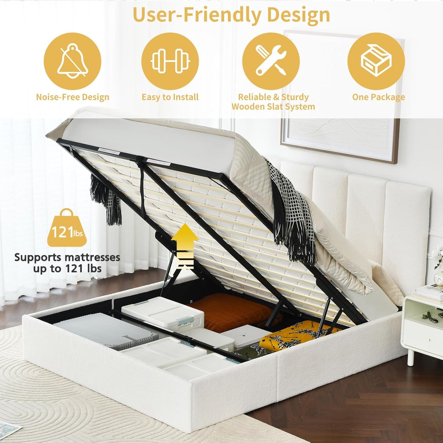 VELOCAVA Lift-Up Storage Bed Frame, Boucle Upholstered Platform Bed with Vertical Channel Headboard, Hydraulic Storage, Sturdy Wooden Slat Support, No Box Spring Needed, Cream White