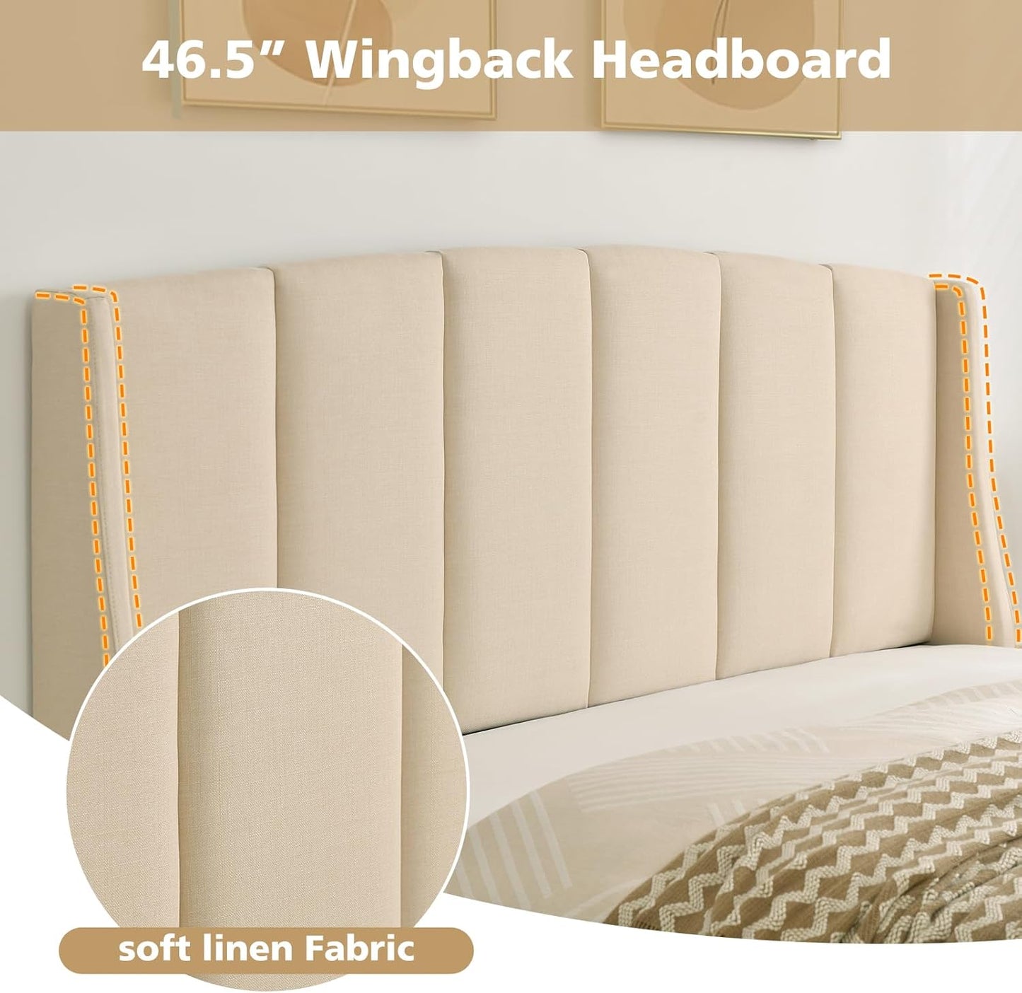 VELOCAVA Lift Up Storage Bed, Soft Upholstered Beds with Hydraulic Mechanism, Modern Wingback Headboard with Vertical Channel Design, Wooden Slat Support, Easy Assembly, Beige