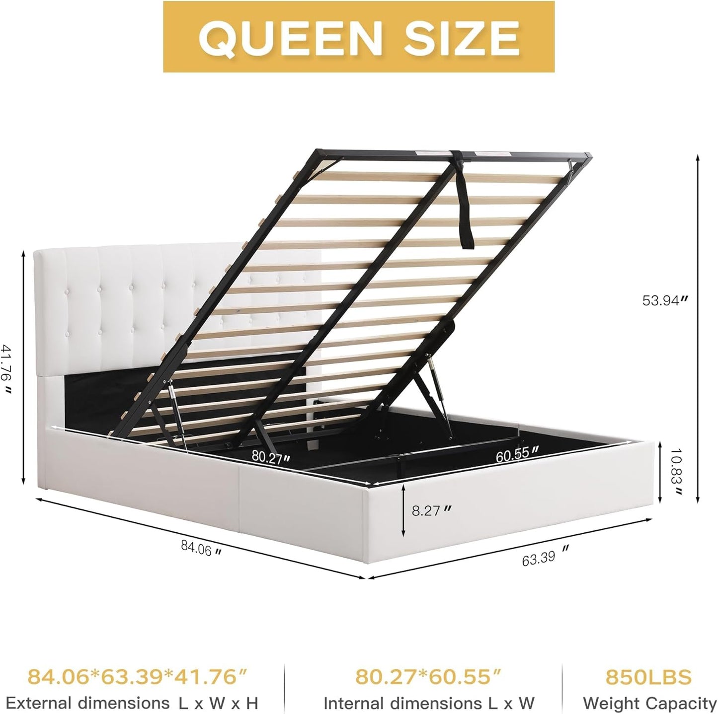 VELOCAVA White Lift-Up Storage Bed, Linen-Textured Upholstered Platform Frame with Hydraulic Under-Bed Storage, Button-Tufted Headboard, Sturdy Wooden Slats, No Box Spring Needed