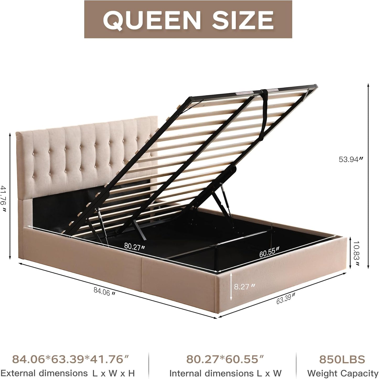 VELOCAVA Size Lift-Up Storage Bed Frame with Button-Tufted Headboard, Gas Lift Platform, Spacious Under-Bed Storage, Wooden Slats, No Box Spring Needed, Light Khaki Linen-Look