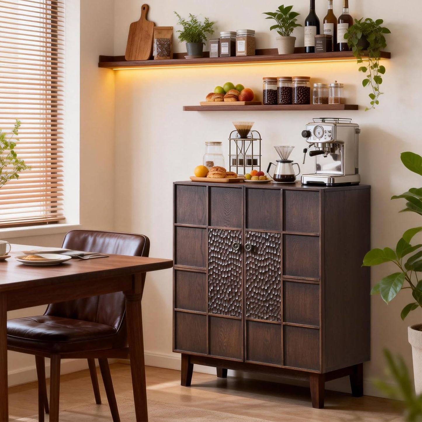 Mid-Century Modern Accent Cabinet with Textured Doors, 4-Cube Storage Cabinet, Walnut Wood Storage Cabinet for Living Room, Entryway or Dining Room, 31.5" Wide