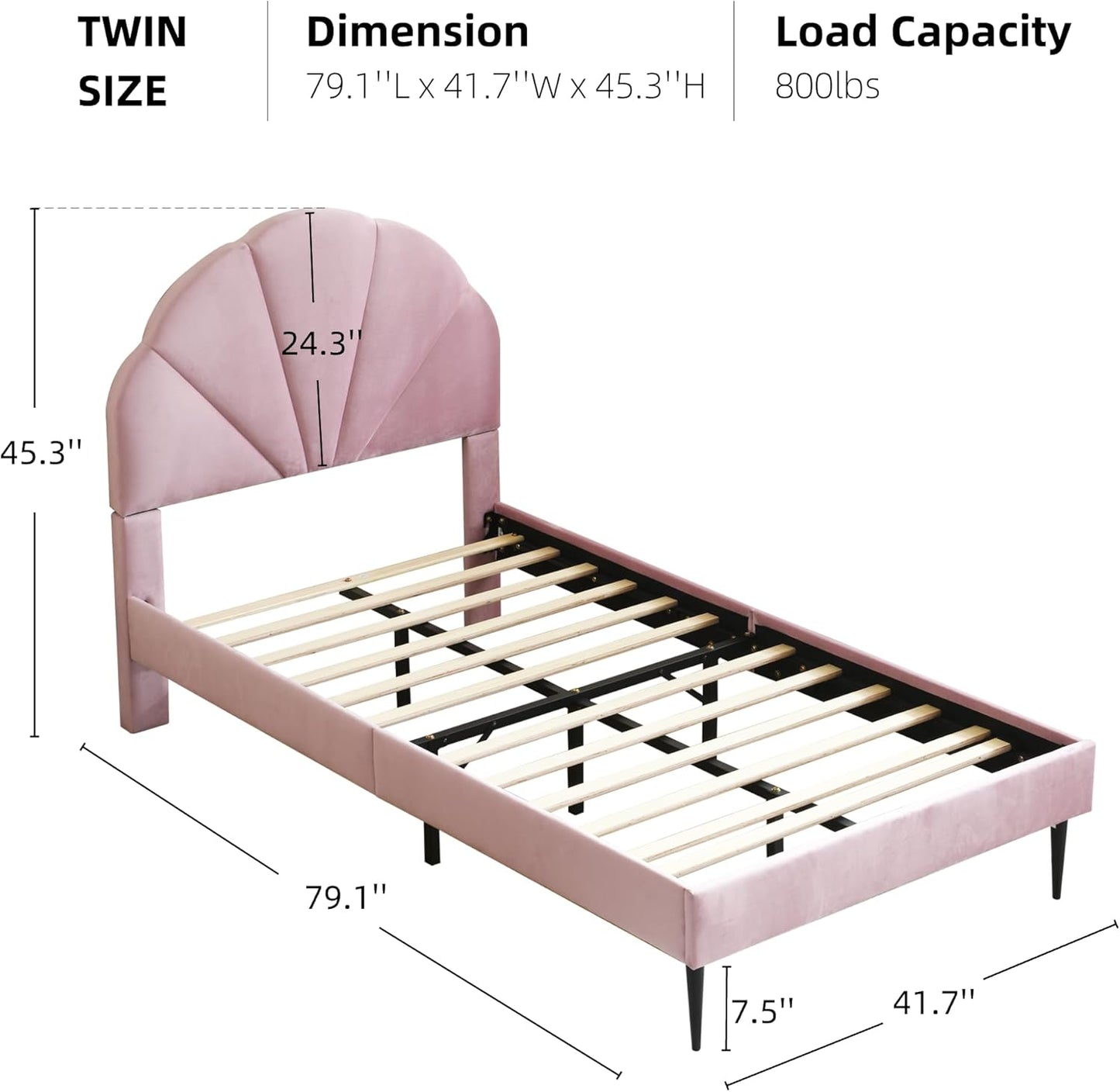 VELOCAVA Pink Bed with Seashell Headboard, Velvet Upholstered Platform Bed Frame for Girls Kids with Wooden Slats Support, No Box Spring Needed, Easy Assembly, Princess Pink Bed