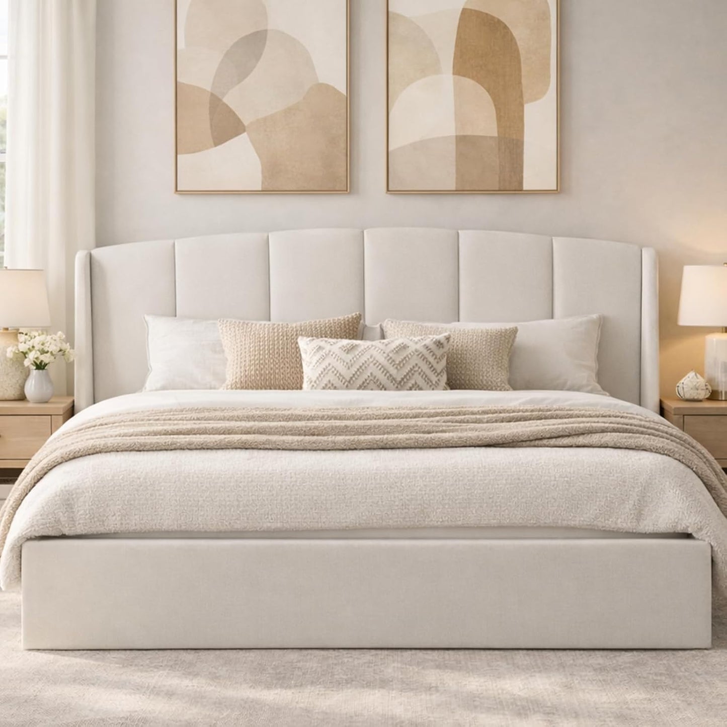 VELOCAVA Lift Up Storage Bed, Soft Upholstered Beds with Hydraulic Mechanism, Modern Wingback Headboard with Vertical Channel Design, Wooden Slat Support, Easy Assembly, White