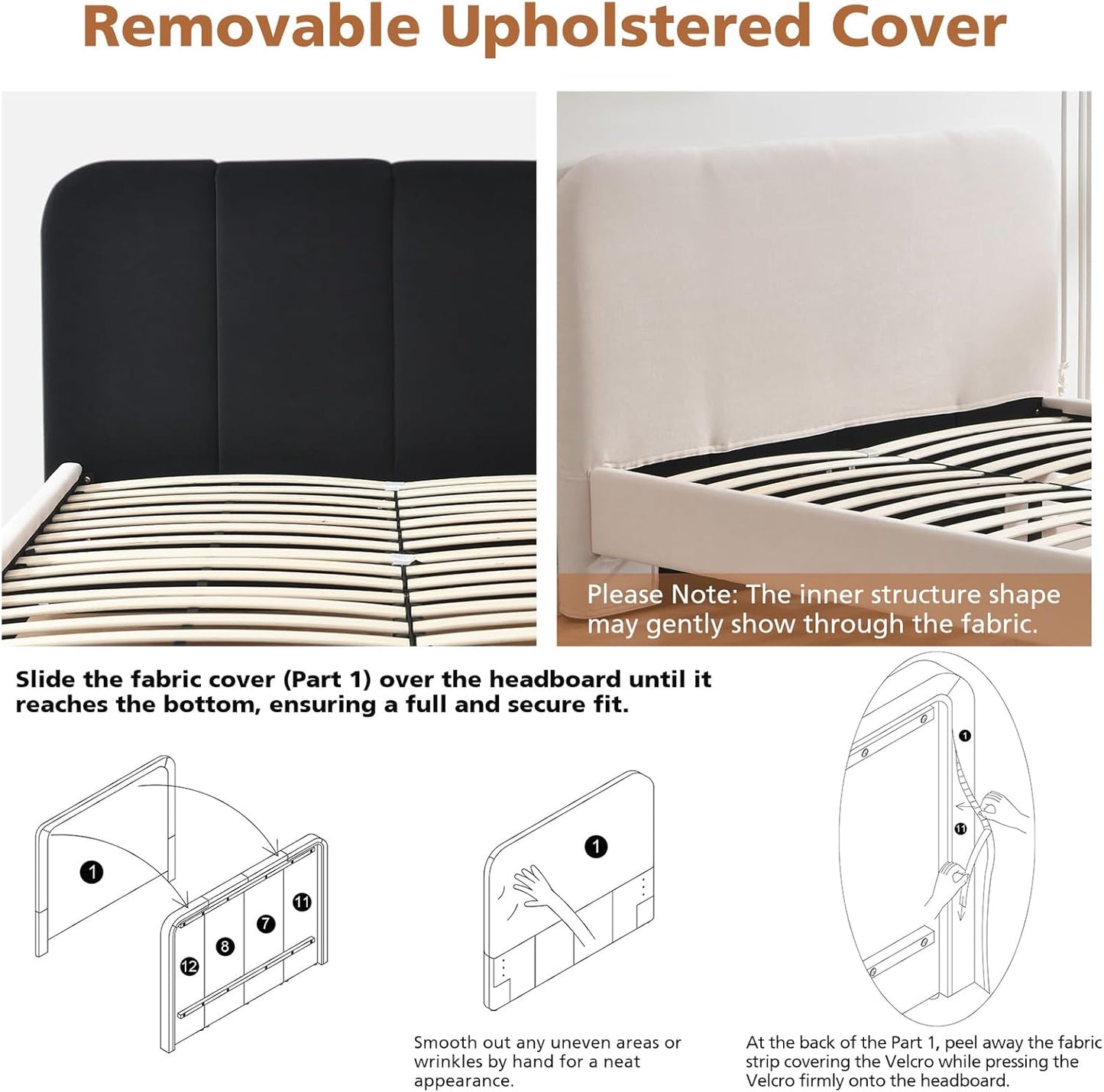 VELOCAVA Upholstered Platform Bed Frame with Curved Headboard and Cylindrical Legs, Rounded Corners Design, Sturdy 30-Slat Support, No Box Spring Required, Linen-Blend Fabric, Beige