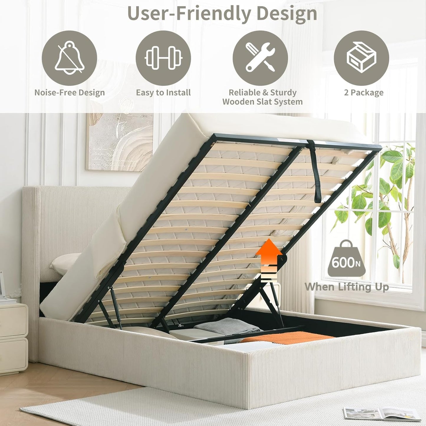 VELOCAVA Lift-Up Storage Bed, Modern Upholstered Corduroy White Bed with Wingback Headboard, Hydraulic Lift Platform, Sturdy Wooden Slat Support, No Box Spring Needed, Easy Assembly