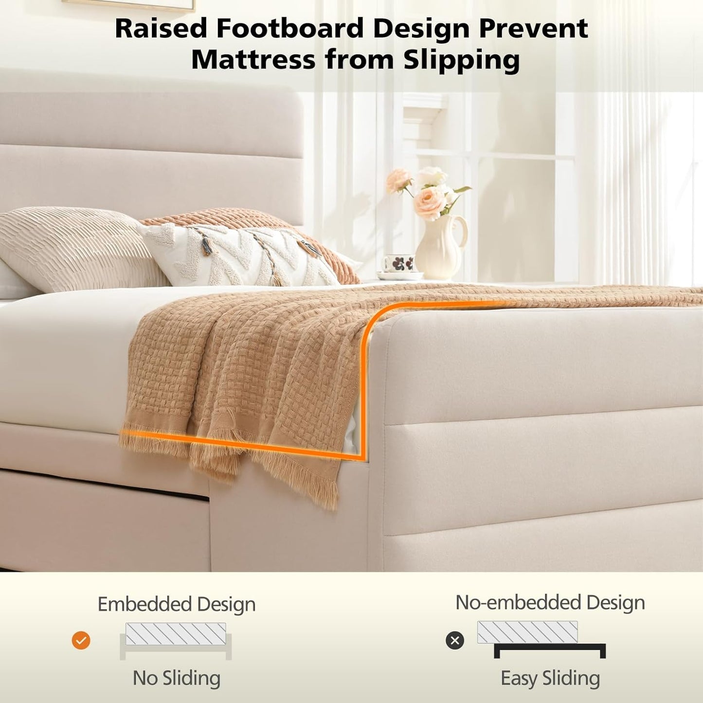 VELOCAVA Upholstered Platform Bed with Tall Headboard and Footboard, 2 Side Storage Drawers, Modern Beige Fabric Bed Frame, No Box Spring Needed, Slatted Base Support, Easy Assembly