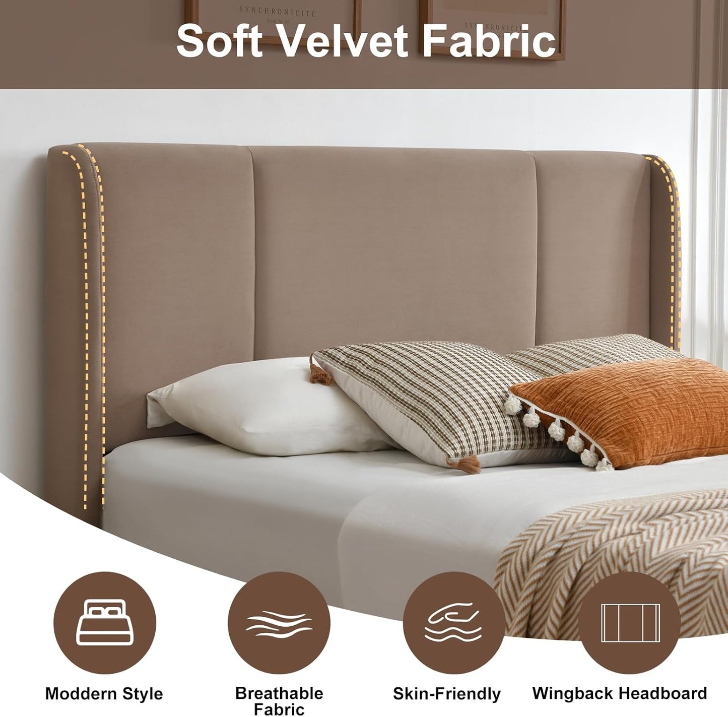 VELOCAVA Upholstered Bed Frame with 4 Storage Drawers, Modern Velvet-Like Platform Bed with Wingback Headboard, Sturdy Wood Slats,No Box Spring Needed, Brown
