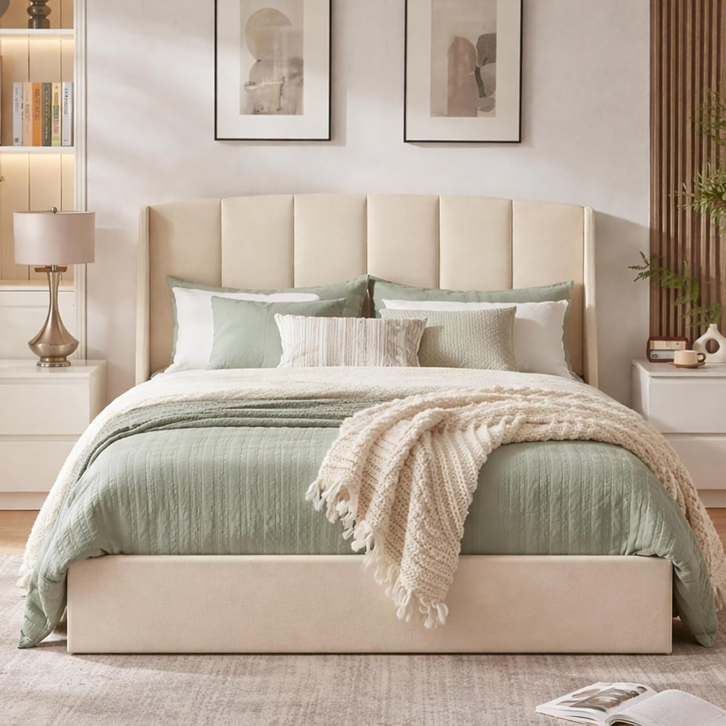 VELOCAVA Lift Up Storage Bed, Soft Upholstered Beds with Hydraulic Mechanism, Modern Wingback Headboard with Vertical Channel Design, Wooden Slat Support, Easy Assembly, Beige