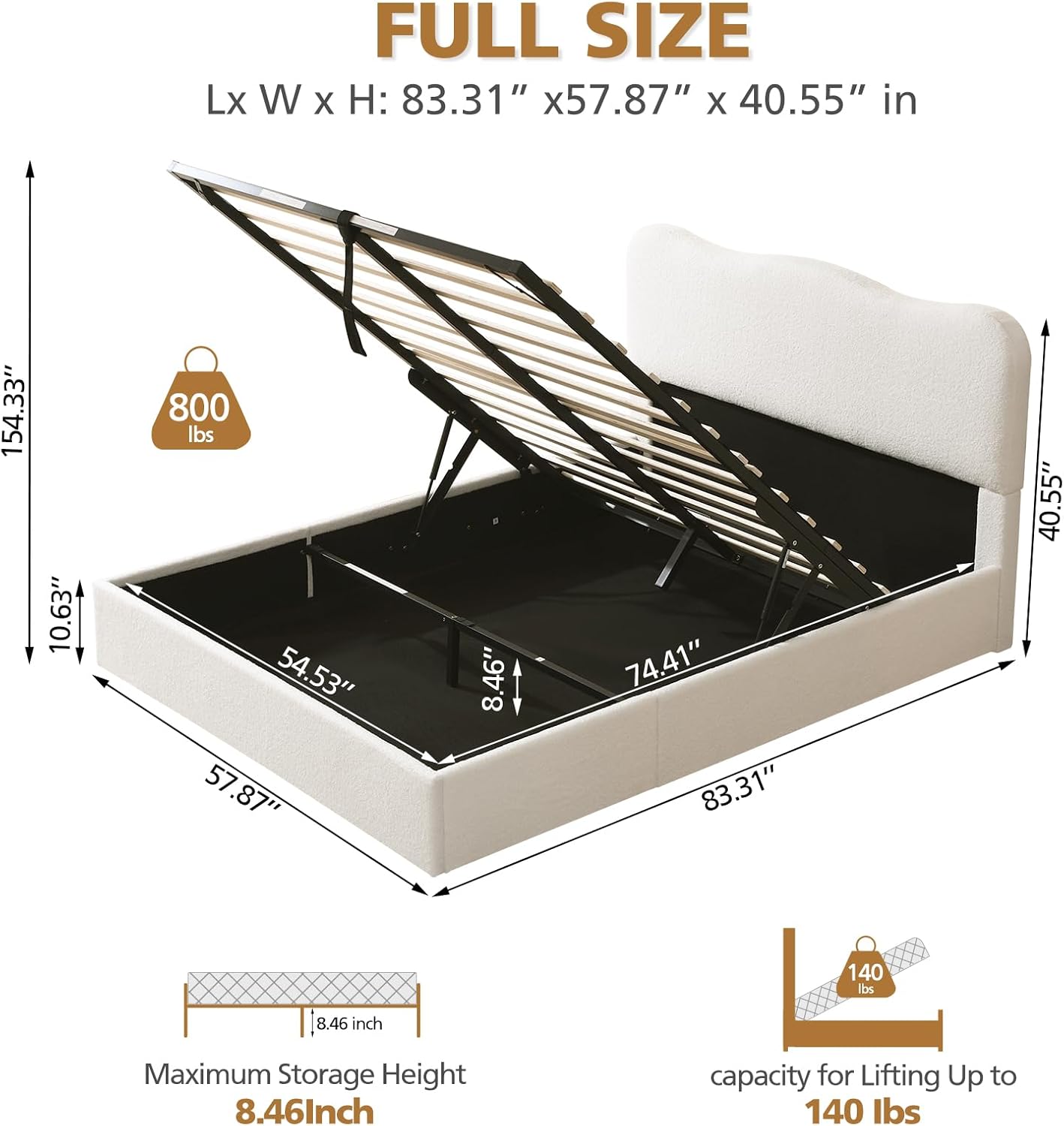 VELOCAVA Lift-Up Storage Bed, Modern Upholstered Boucle Bed with Curved Headboard, Gas Lift Platform, Sturdy Wooden Slat Support, No Box Spring Needed, Easy Assembly, Light Gray