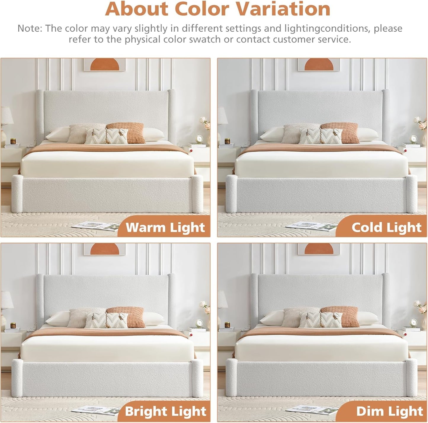 VELOCAVA Lift Up Storage Bed Frame, 44.88" Tall Upholstered Headboard, Soft Rounded Corner Design, Bouclé Texture Platform Bed with Hydraulic Storage, No Box Spring Needed, Soft White