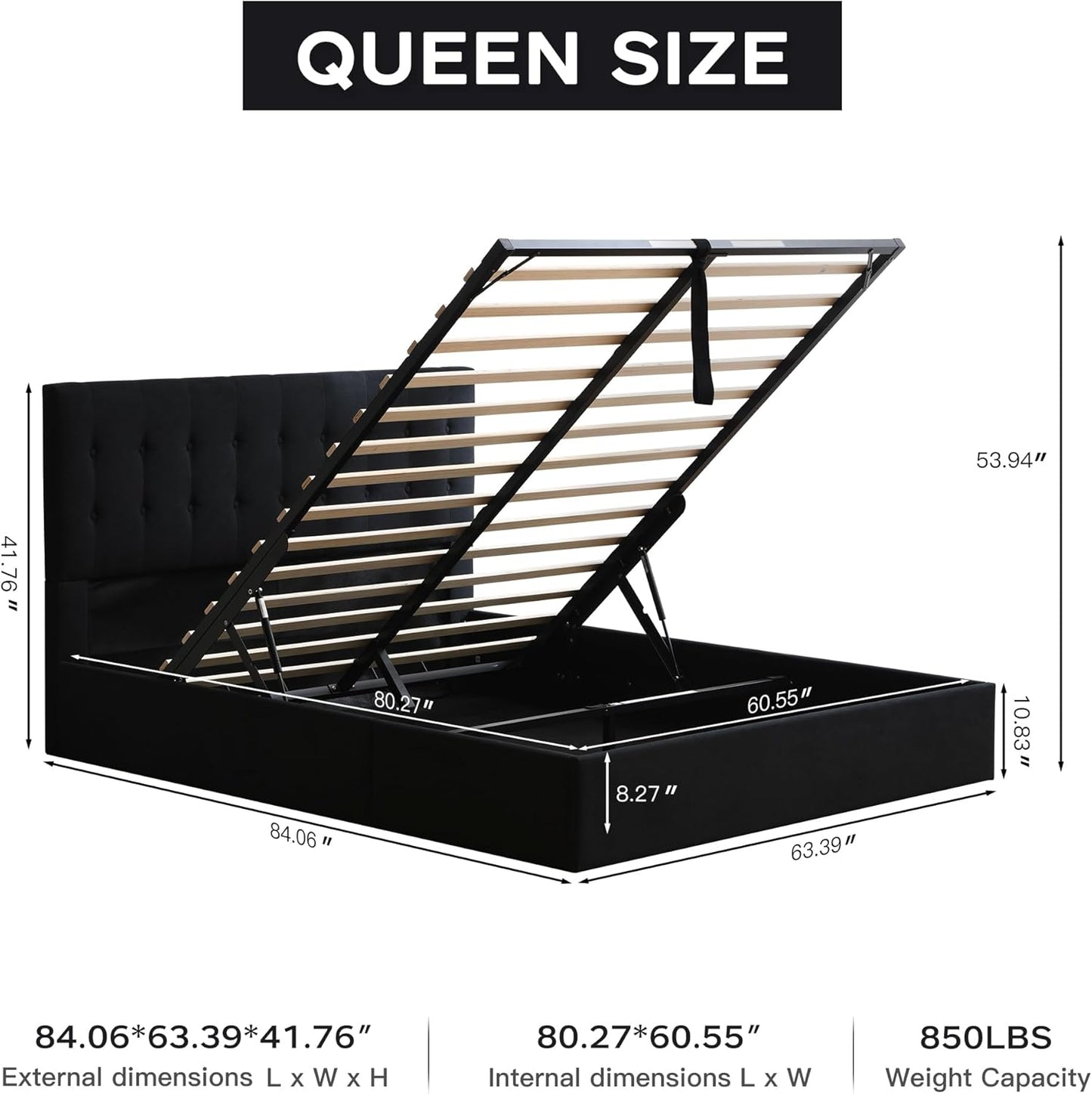 VELOCAVA Lift-Up Storage Bed, Black Linen-Textured Upholstered Platform Frame with Hydraulic Under-Bed Storage, Button-Tufted Headboard, Sturdy Wooden Slats, No Box Spring Needed