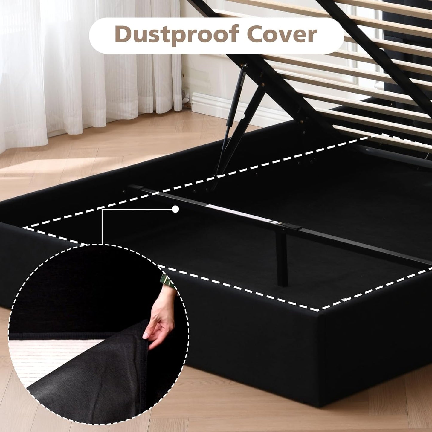 VELOCAVA Lift-Up Storage Bed, Black Linen-Textured Upholstered Platform Frame with Hydraulic Under-Bed Storage, Button-Tufted Headboard, Sturdy Wooden Slats, No Box Spring Needed