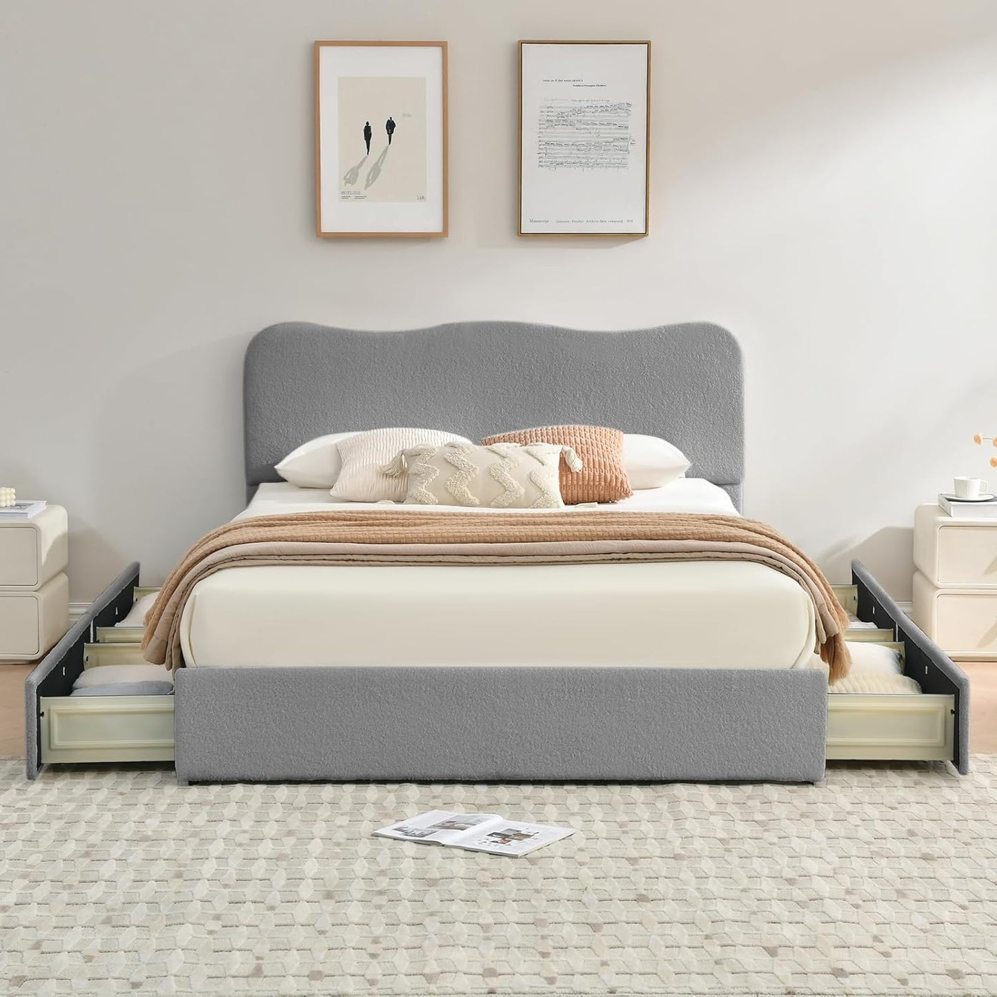 VELOCAVA Storage Bed Frame with 4 Pull-Out Drawers, Modern Upholstered Boucle Platform Bed with Curved Headboard, Wood Slats, No Box Spring Needed, Light Gray