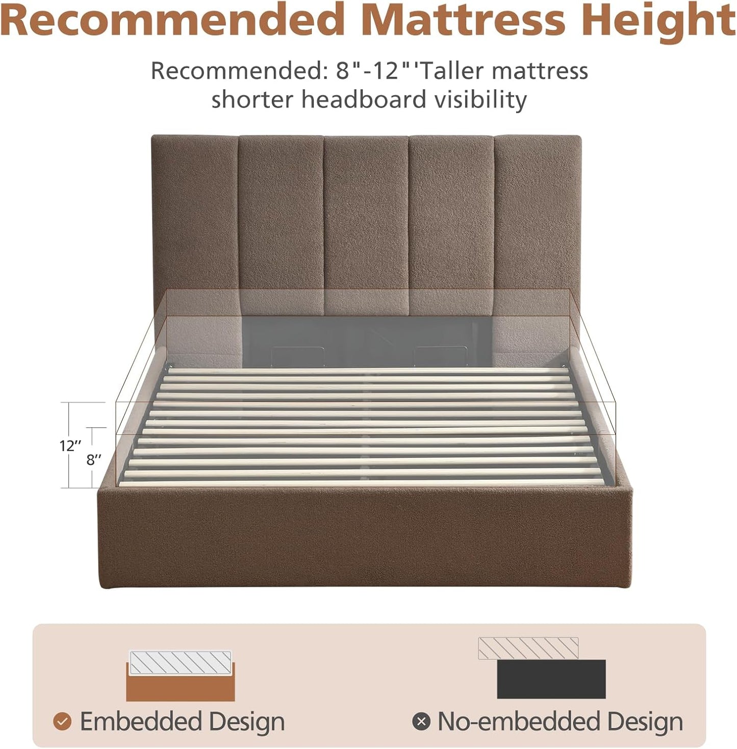 VELOCAVA Lift-Up Storage Bed Frame, Boucle Upholstered Platform Bed with Vertical Channel Headboard, Hydraulic Storage, Sturdy Wooden Slat Support, No Box Spring Needed, Brown
