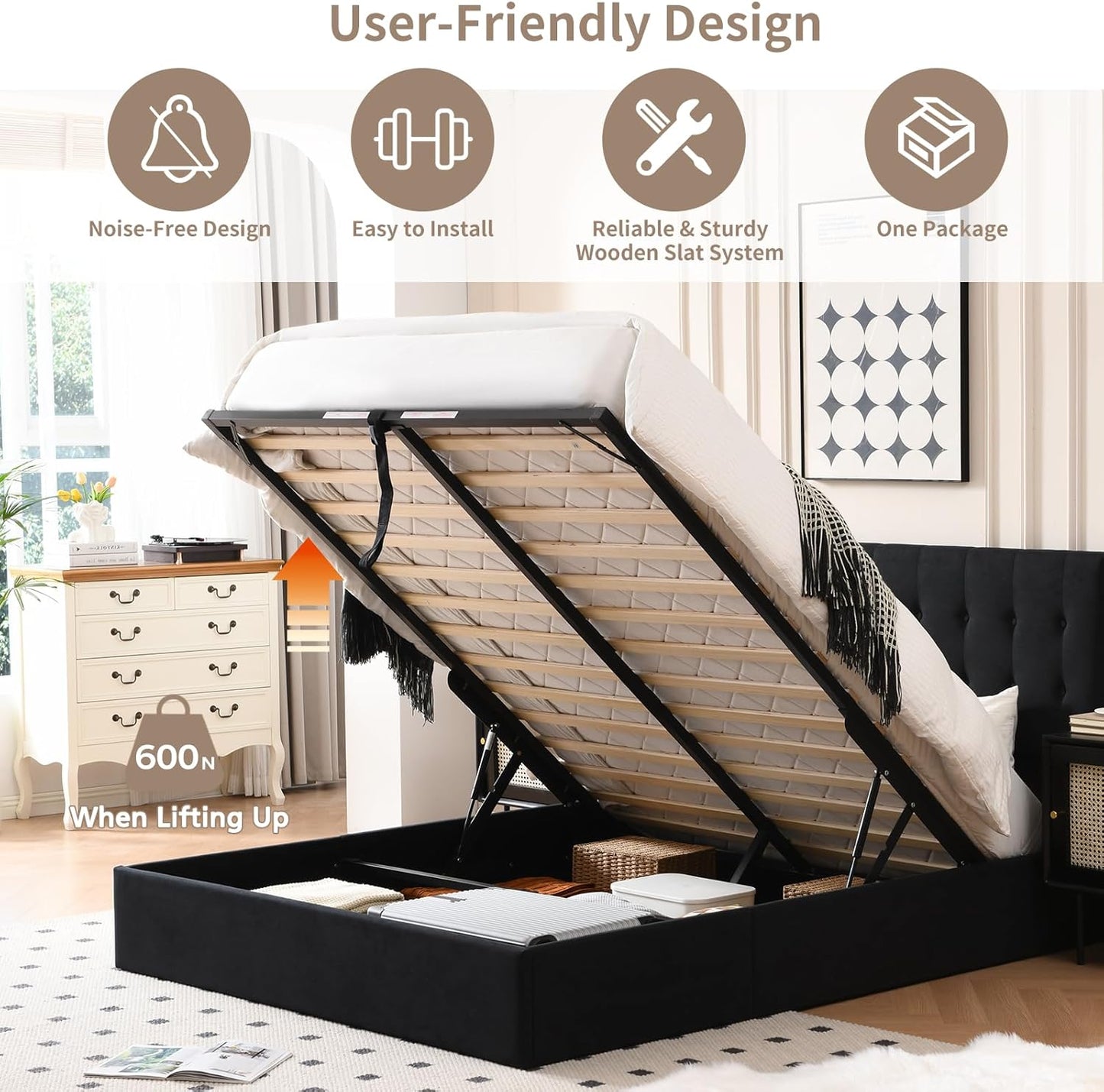 VELOCAVA Lift-Up Storage Bed, Black Linen-Textured Upholstered Platform Frame with Hydraulic Under-Bed Storage, Button-Tufted Headboard, Sturdy Wooden Slats, No Box Spring Needed
