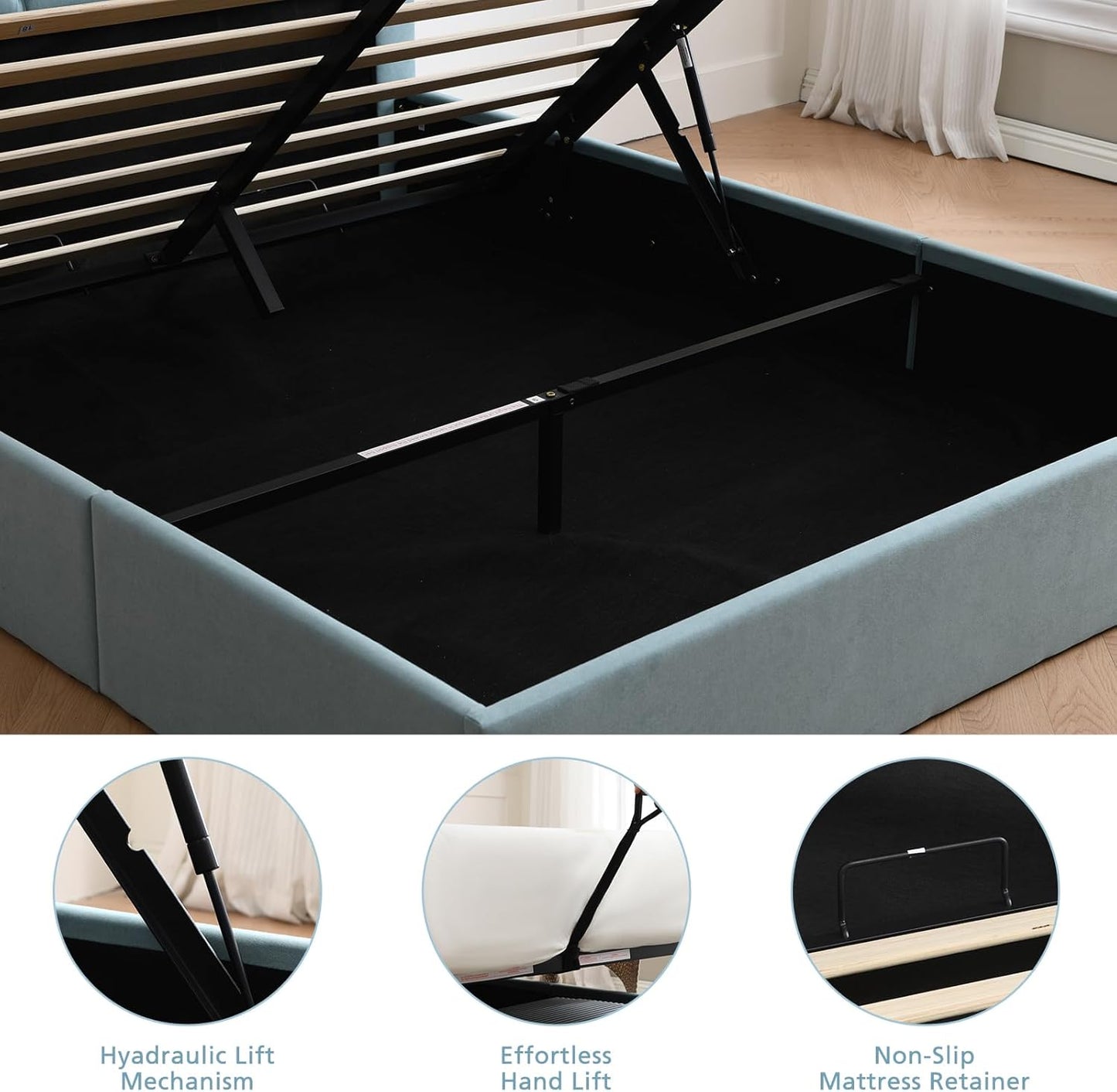 VELOCAVA Lift-Up Storage Bed, Dusty Blue Linen-Textured Upholstered Platform Frame with Button-Tufted Headboard, Modern Space-Saving Design, No Box Spring Required, Easy Assembly