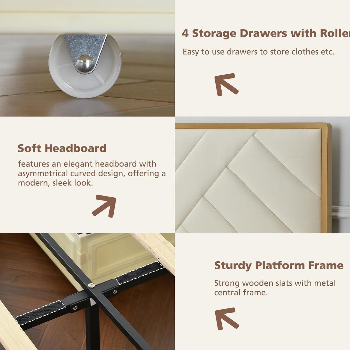 VELOCAVA Metal Upholstered Bed with 4 Storage Drawers, Velvet Platform Storage Bedframe with Headboard, Wooden Slats Support, No Box Spring Needed, Cream