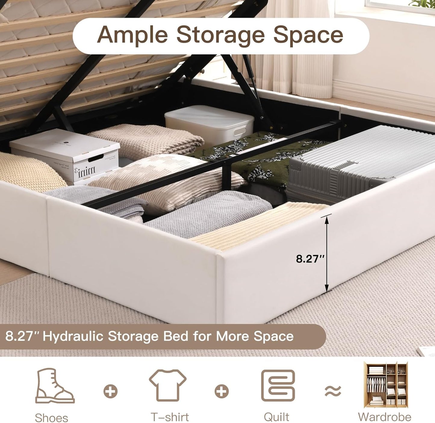 VELOCAVA White Lift-Up Storage Bed, Linen-Textured Upholstered Platform Frame with Hydraulic Under-Bed Storage, Button-Tufted Headboard, Sturdy Wooden Slats, No Box Spring Needed