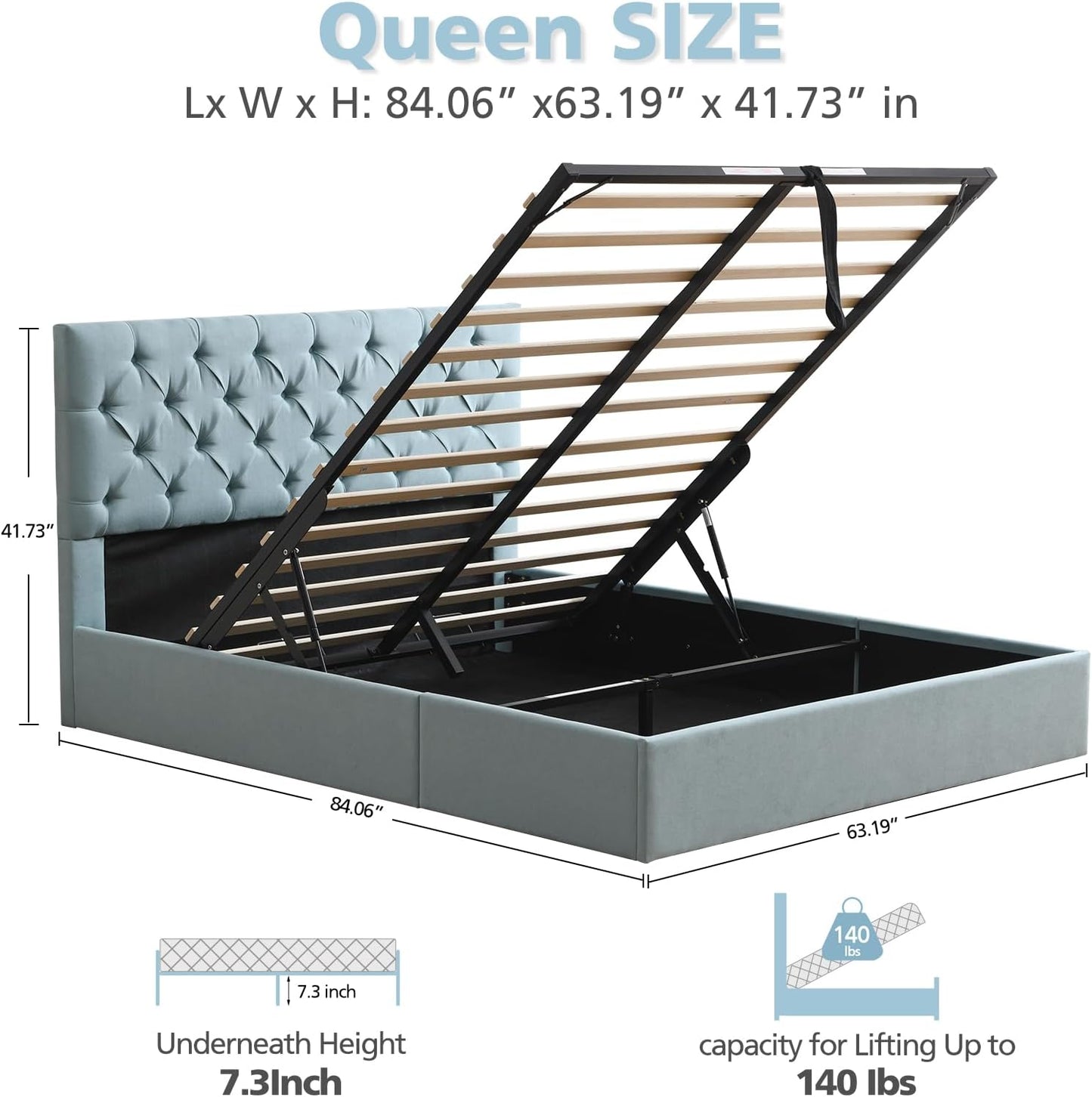 VELOCAVA Lift-Up Storage Bed, Dusty Blue Linen-Textured Upholstered Platform Frame with Button-Tufted Headboard, Modern Space-Saving Design, No Box Spring Required, Easy Assembly
