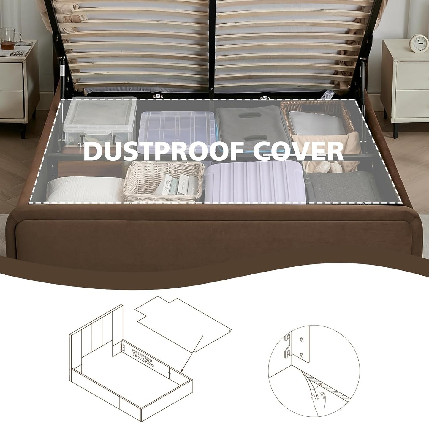 VELOCAVA Lift Up Storage Bed, Velvet-Look Upholstered Platform Bed Frame with 57" Tall Headboard, Linear Design, Hydraulic Storage, No Box Spring Needed, Coffee Brown