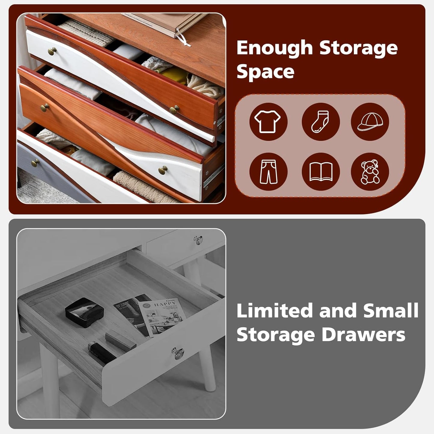 3-Drawer Dresser with Sculpted Wave Fronts, Tri-Color Drawer Design, Modern Chest of Drawers Storage Cabinet for Bedroom, Living Room, Hallway, or Office