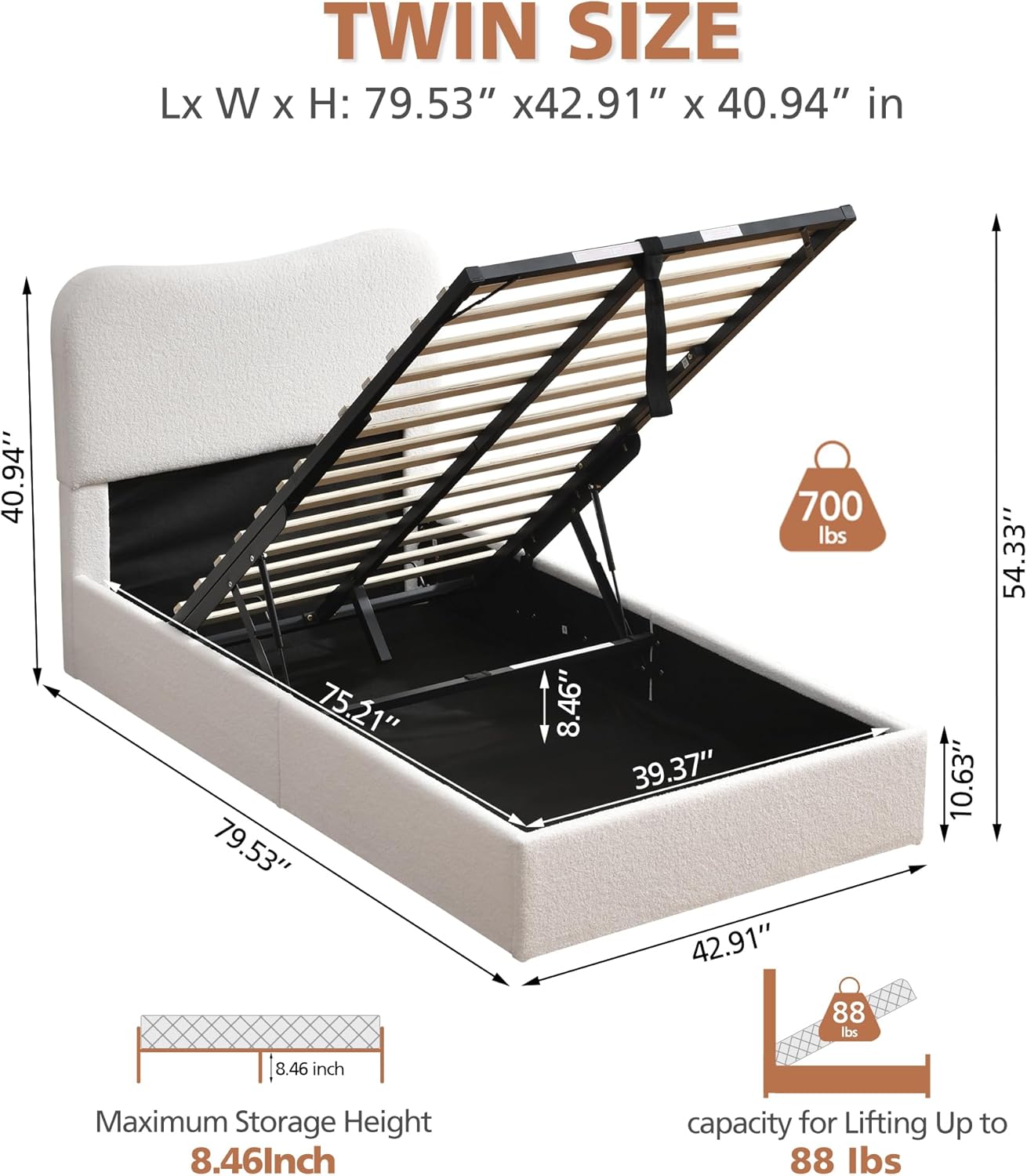 VELOCAVA Lift-Up Storage Bed, Modern Upholstered Boucle Bed with Curved Headboard, Gas Lift Platform, Sturdy Wooden Slat Support, No Box Spring Needed, Easy Assembly, Cream White