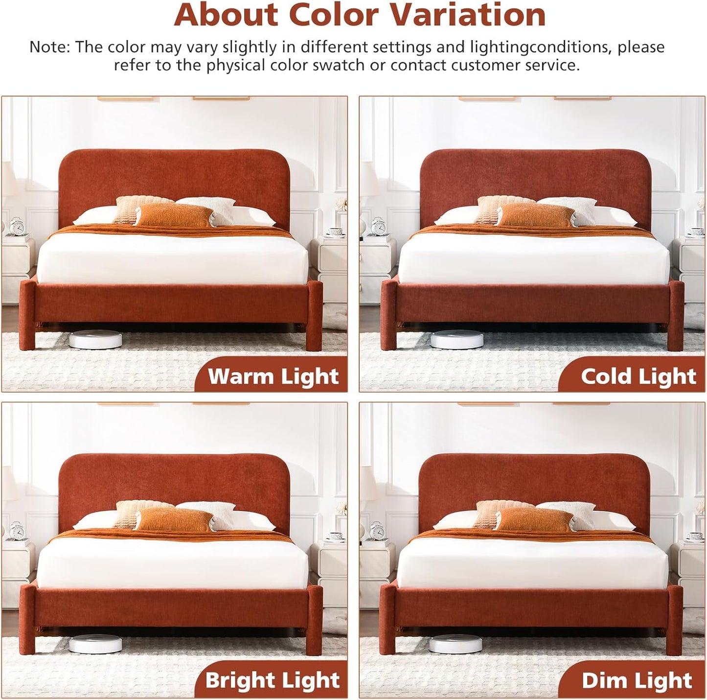 VELOCAVA Upholstered Platform Bed Frame with Curved Headboard and Cylindrical Legs, Rounded Corners Design, Sturdy 30-Slat Support, Easy Assembly, Linen-Blend Fabric, Burnt Terracotta