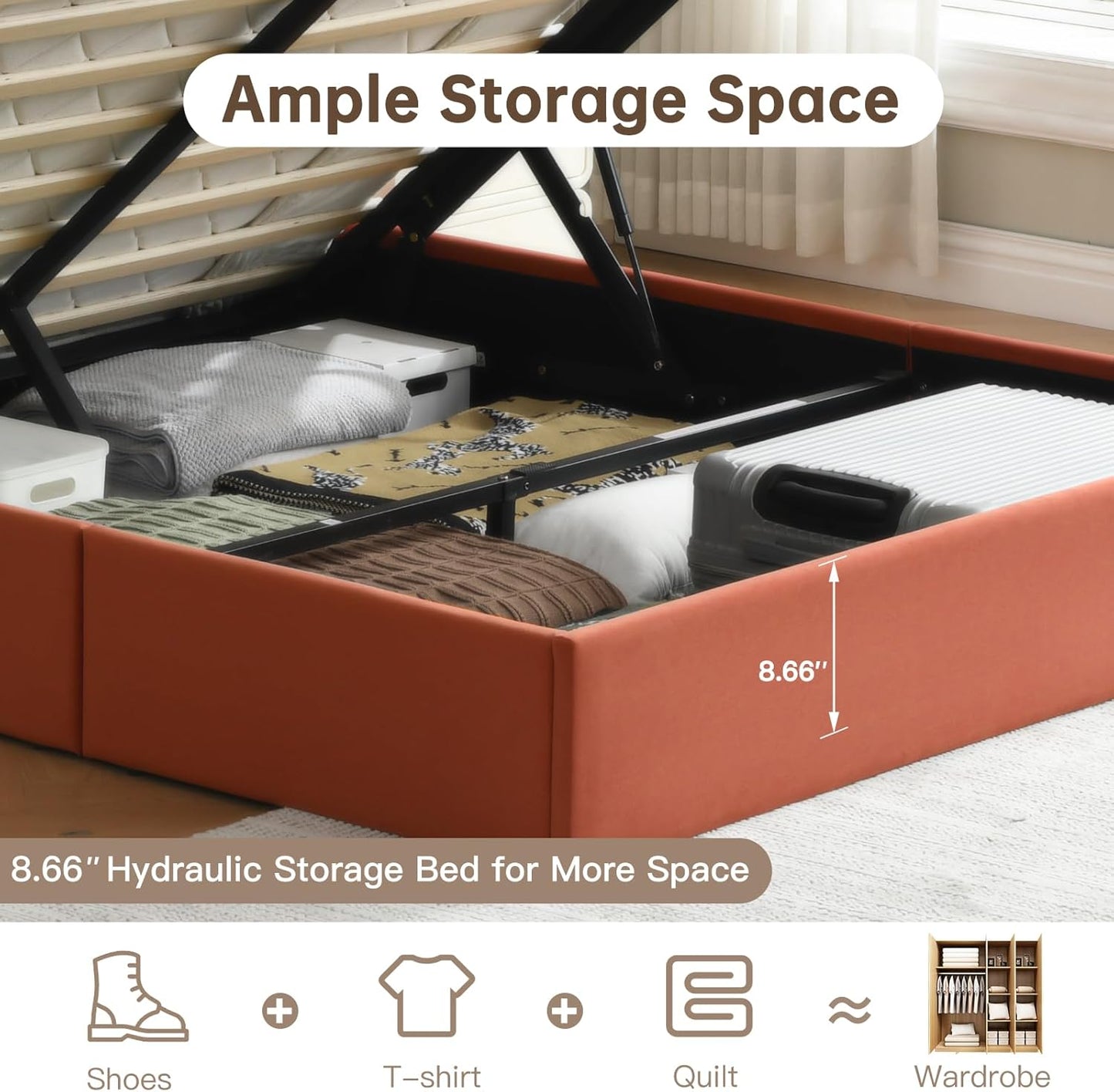 VELOCAVA Lift Up Storage Bed Frame, Velvet-Look Upholstered Bed with Modern Wing back Headboard, Gas Lift Mechanism, Space Saving Design, No Box Spring Needed, Terracotta