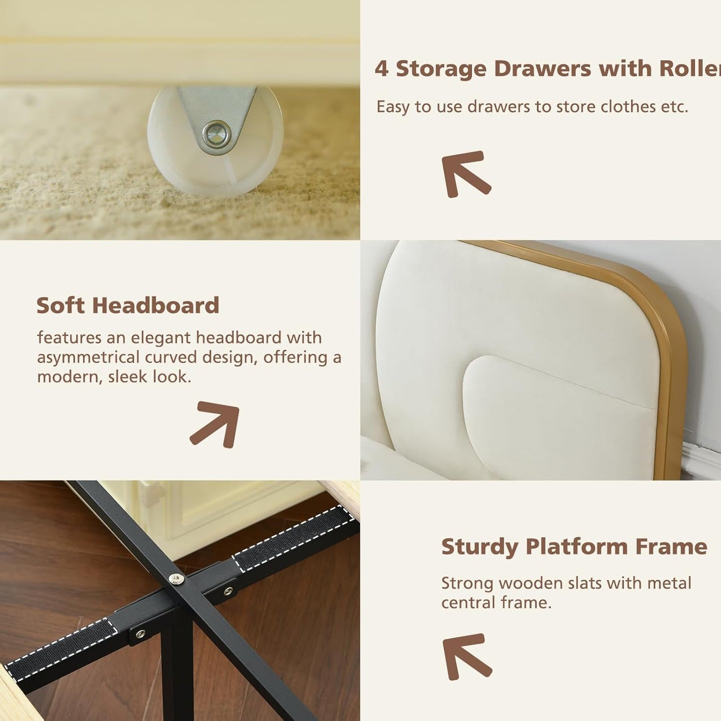 VELOCAVA Rounded Metal Upholstered Bed with 4 Storage Drawers, Velvet Platform Storage Bedframe with Headboard, Wooden Slats Support, No Box Spring Needed, Cream