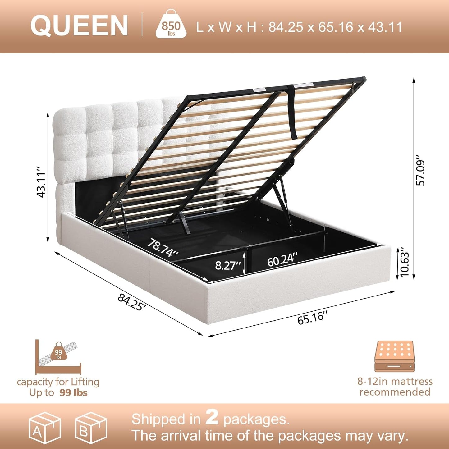 VELOCAVA Lift-Up Storage Bed, Upholstered Platform Bed with Soft Tufted Headboard, Bouclé-Textured Fabric, No Box Spring Needed, Cream White