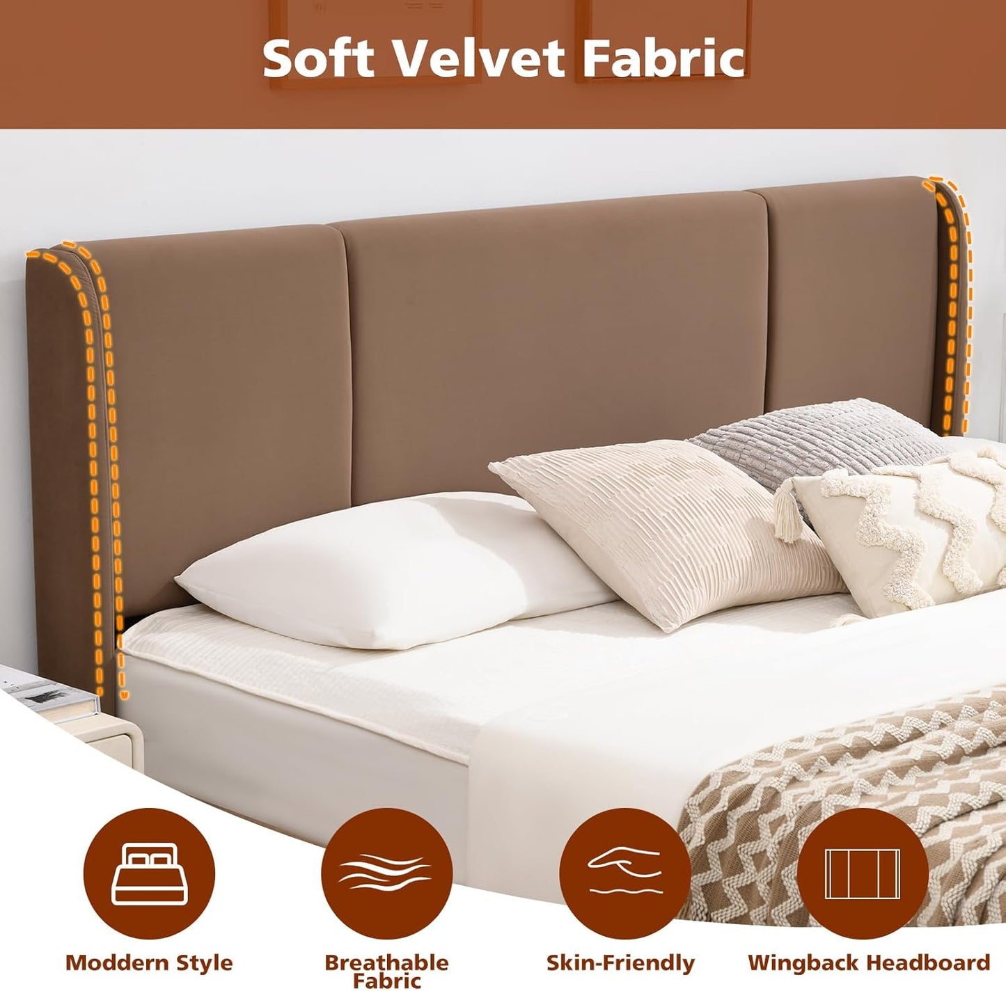 VELOCAVA Lift Up Storage Bed Frame, Velvet-Look Upholstered Bed with Modern Wing back Headboard, Hydraulic Lift Storage, Wood Slat Support, No Box Spring Needed, Brown