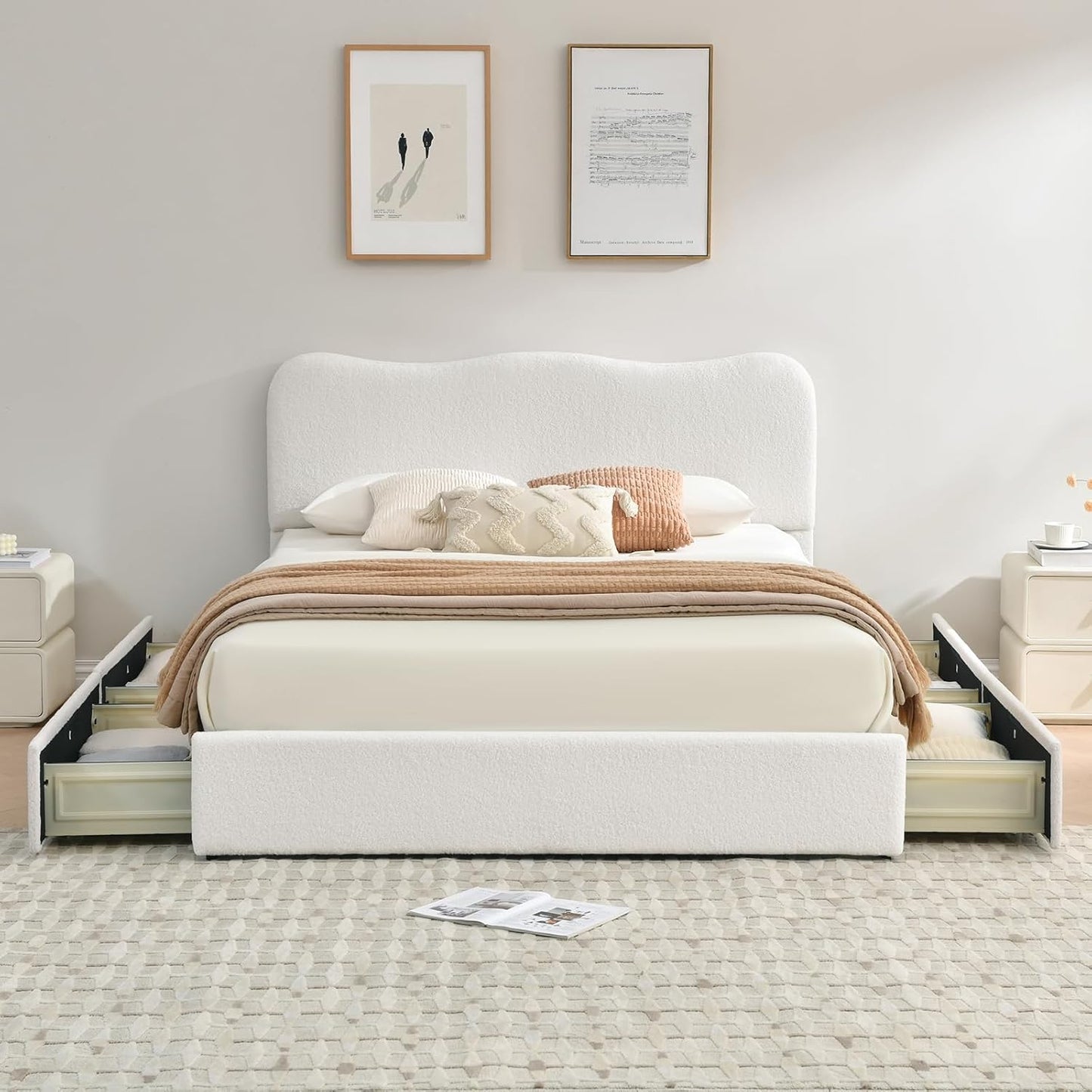 VELOCAVA Storage Bed Frame with 4 Pull-Out Drawers, Modern Upholstered Boucle Platform Bed with Curved Headboard, Wood Slats, No Box Spring Needed, Cream White