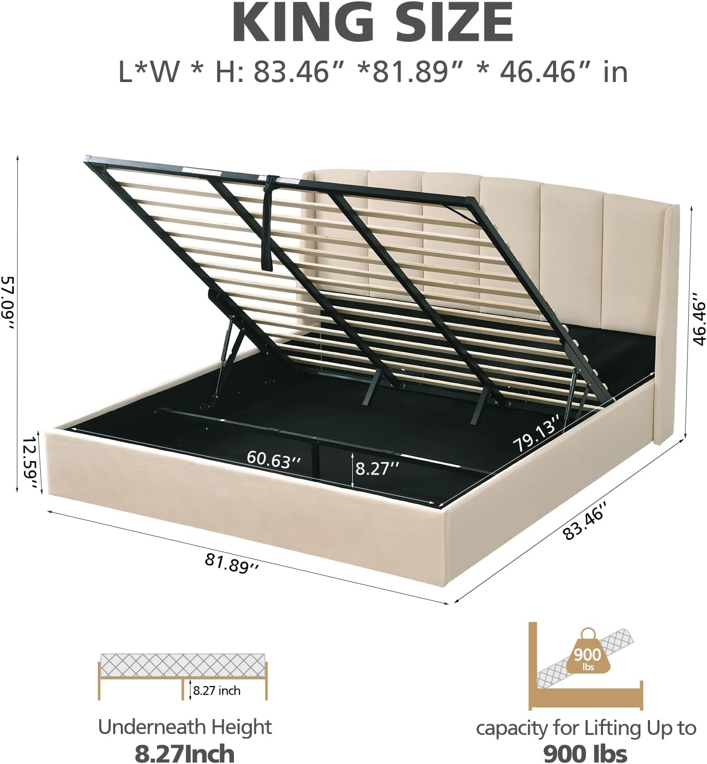 VELOCAVA Lift Up Storage Bed, Soft Upholstered Beds with Hydraulic Mechanism, Modern Wingback Headboard with Vertical Channel Design, Wooden Slat Support, Easy Assembly, Beige
