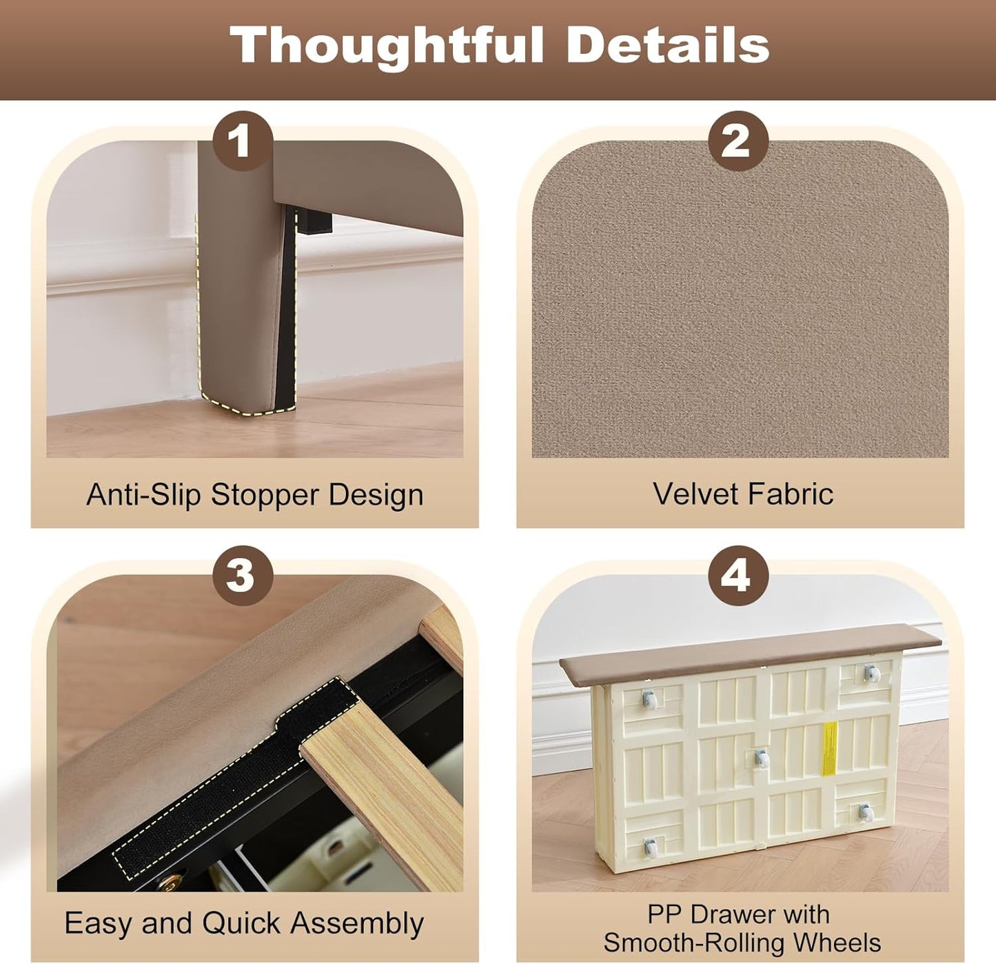 VELOCAVA Upholstered Bed Frame with 4 Storage Drawers, Modern Velvet-Like Platform Bed with Wingback Headboard, Sturdy Wood Slats,No Box Spring Needed, Brown