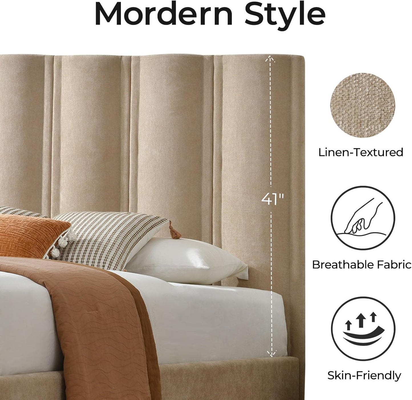 Lift Up Storage Bed, Upholstered Platform Bed Frame with Storage Underneath, 51.6'' Tall Vertical Channel Tufted Headboard, Linen-Textured, Hydraulic Support, No Box Spring Needed, Beige