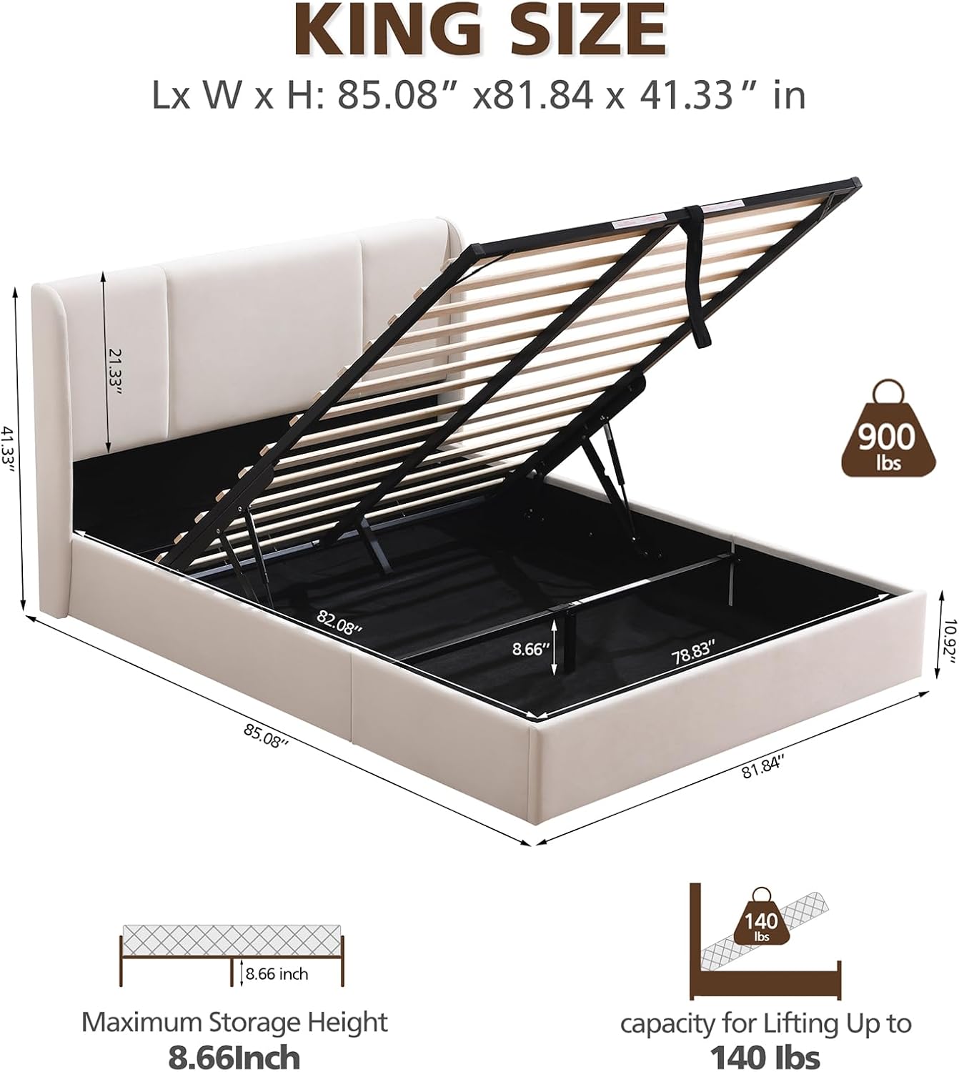 VELOCAVA Lift Up Storage Bed Frame, Velvet-Look Upholstered Bed with Modern Wingback Headboard, Gas Lift Storage, Space Saving Design, No Box Spring Needed, White